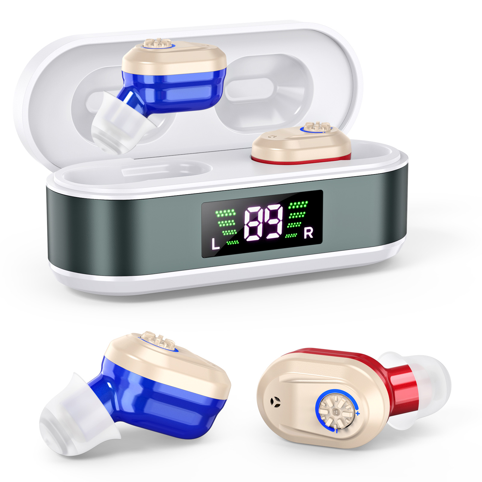 Rechargeable In-the-Ear Hearing Aids with Charging Case and LCD Display – Ultra-Compact Sound Amplifier for Seniors (White & Green Case, Red & Blue Device) - Image 1