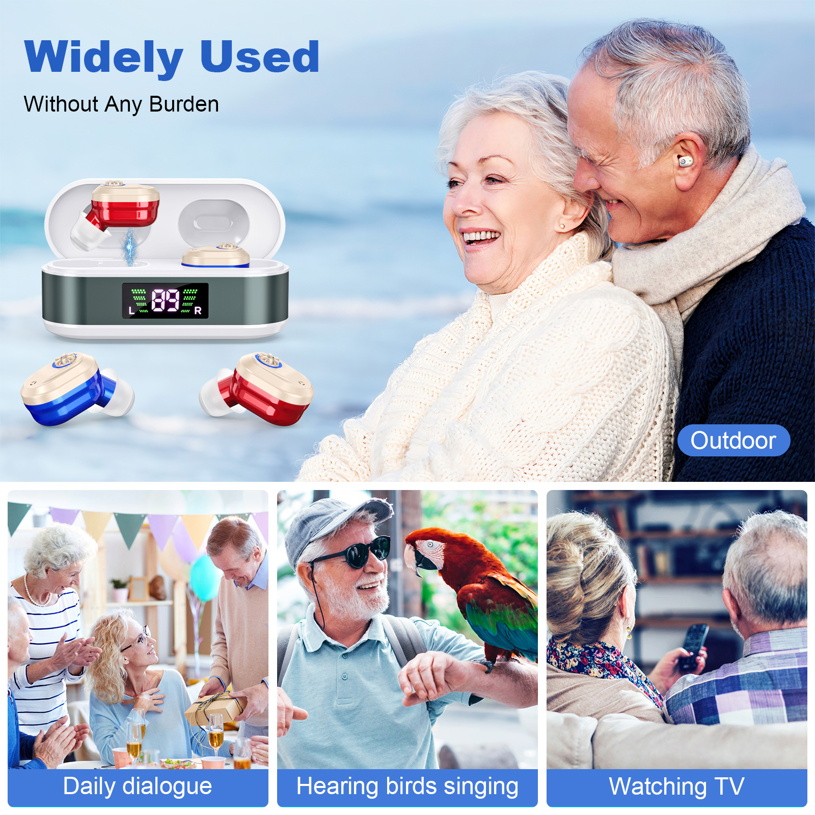 Rechargeable In-the-Ear Hearing Aids with Charging Case and LCD Display – Ultra-Compact Sound Amplifier for Seniors (White & Green Case, Red & Blue Device) - Image 6