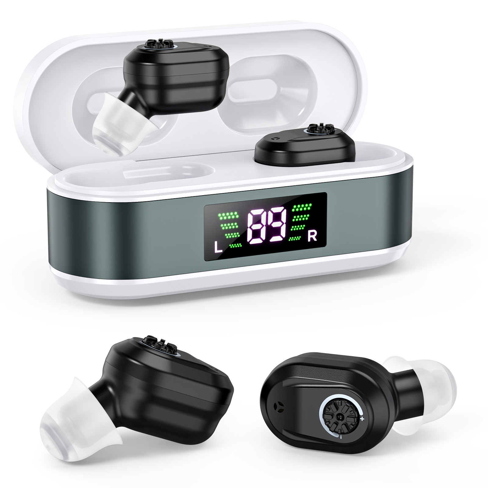 Rechargeable In-the-Ear Hearing Aids with Charging Case and LCD Display – Ultra-Compact Sound Amplifier for Seniors (White & Green Case, Black Device) - Image 1
