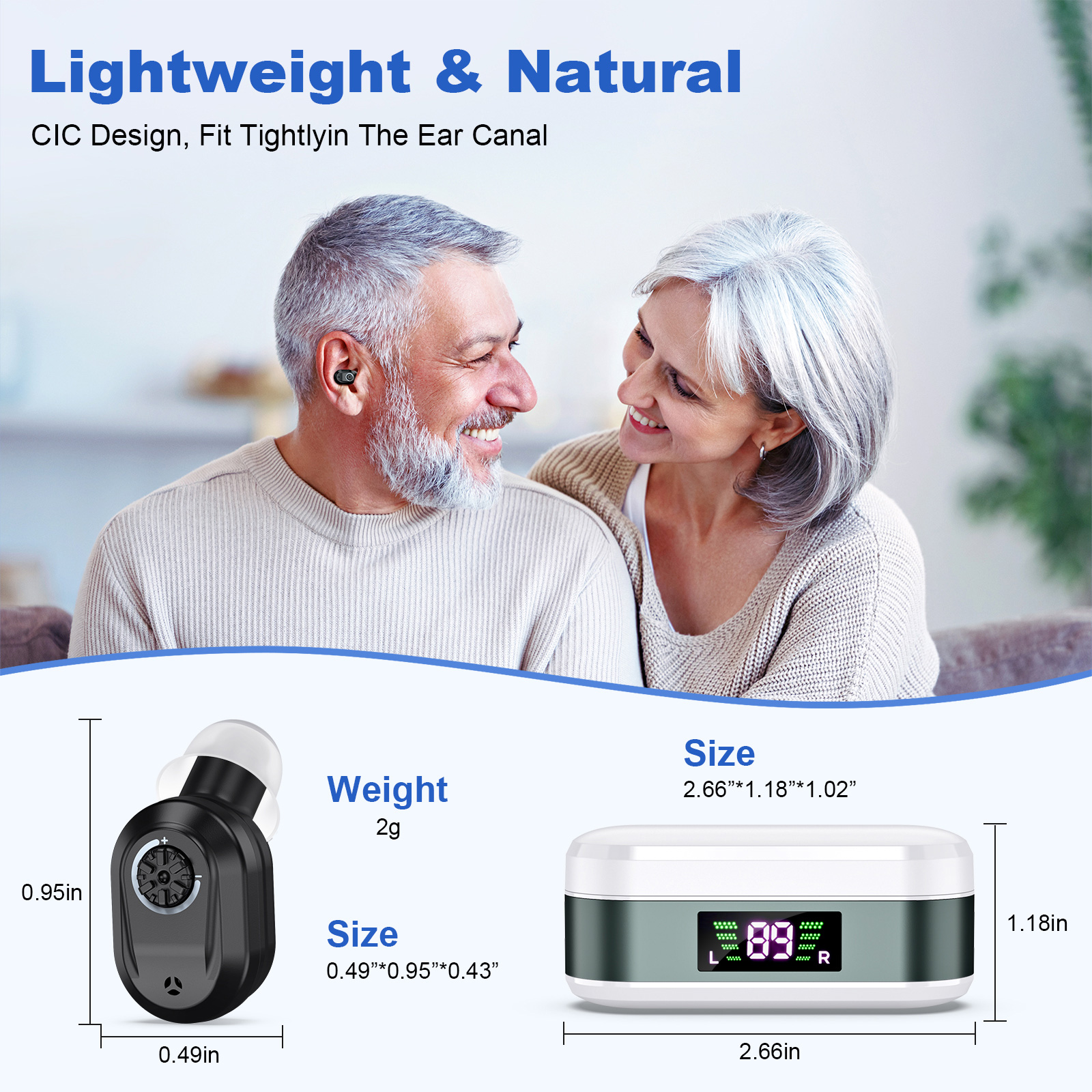 Rechargeable In-the-Ear Hearing Aids with Charging Case and LCD Display – Ultra-Compact Sound Amplifier for Seniors (White & Green Case, Black Device) - Image 3