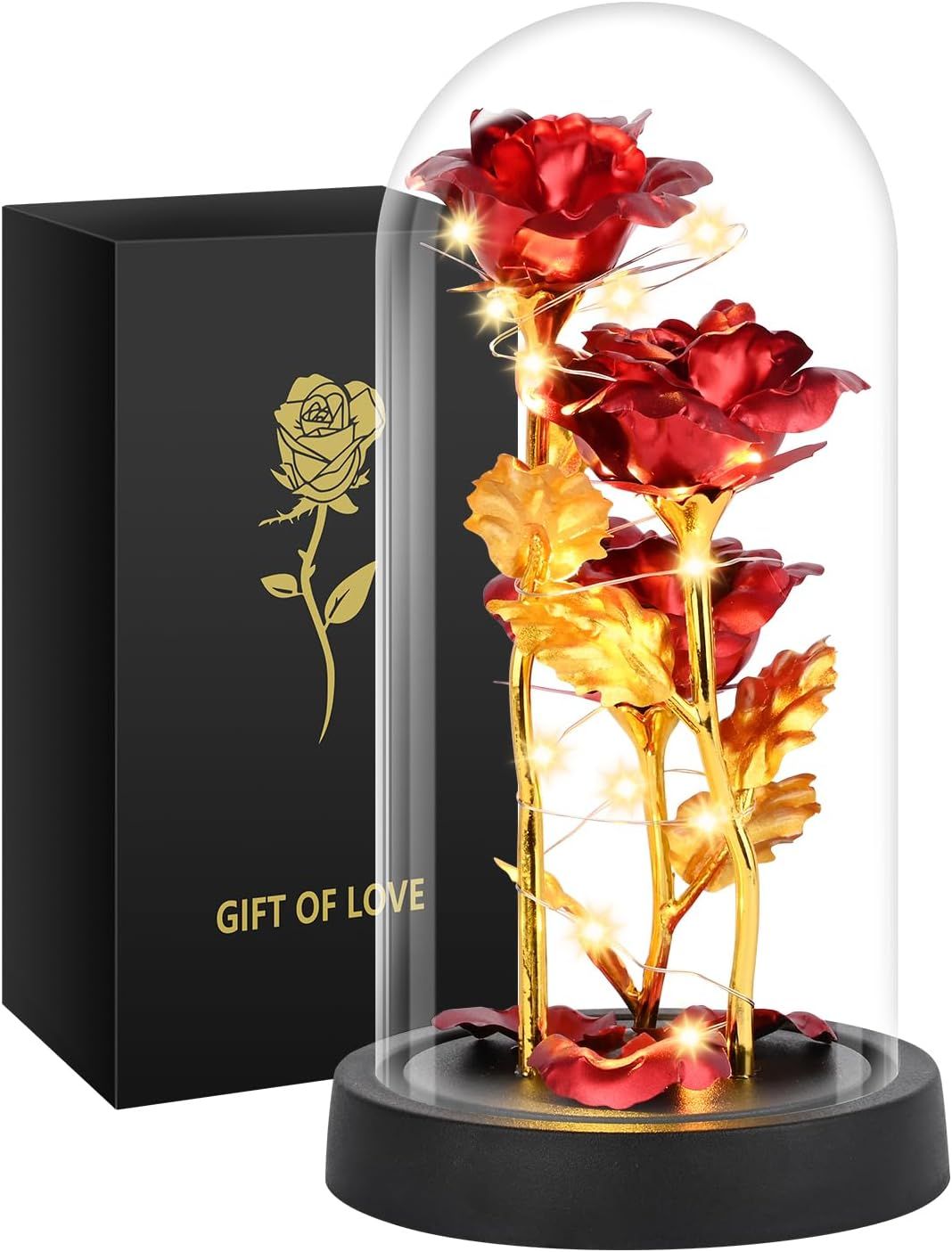 Eternal Blue Rose in Glass Dome with LED Lights, Romantic Forever Flower Gift for Valentine’s Day Anniversary Mother’s Day Birthday (Red) - Image 1