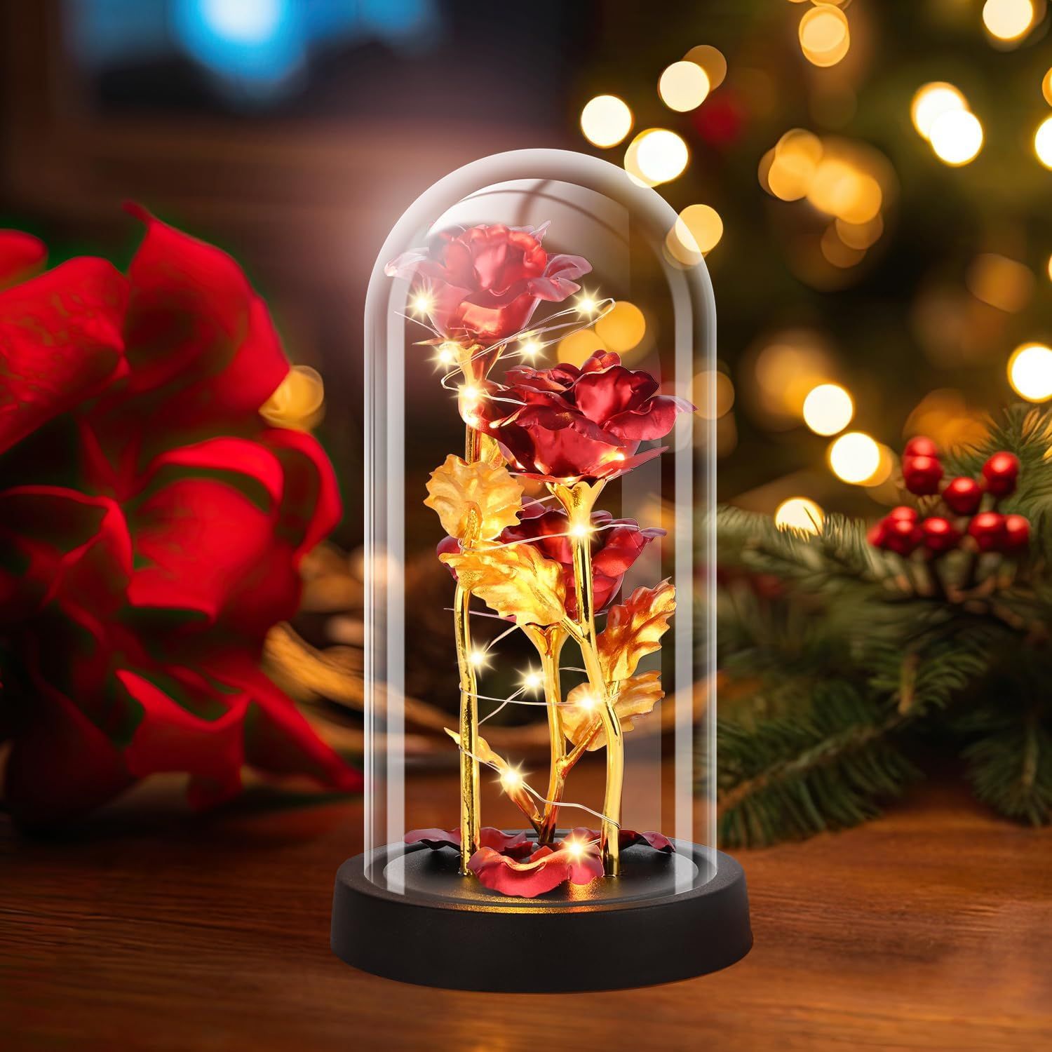 Eternal Blue Rose in Glass Dome with LED Lights, Romantic Forever Flower Gift for Valentine’s Day Anniversary Mother’s Day Birthday (Red) - Image 2