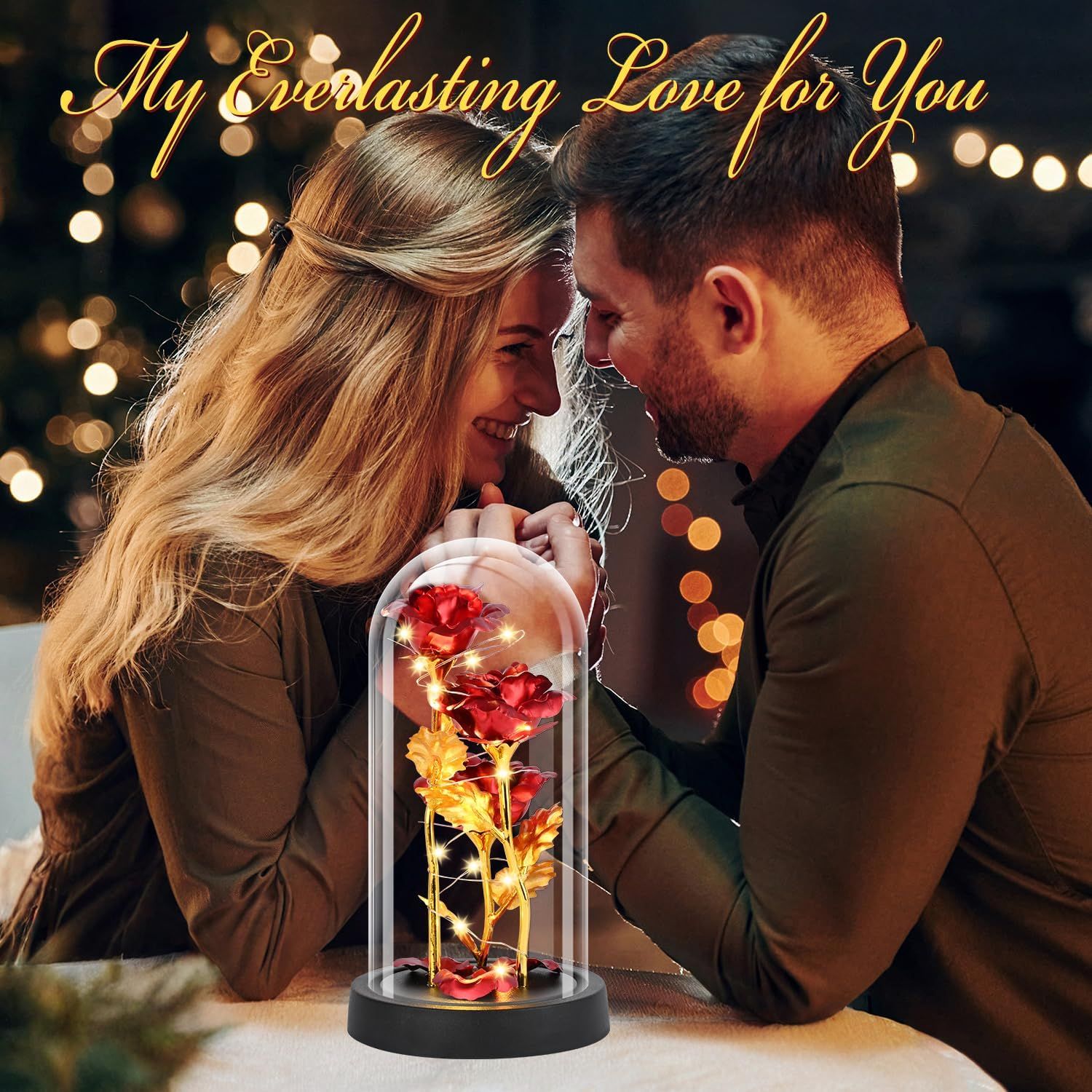 Eternal Blue Rose in Glass Dome with LED Lights, Romantic Forever Flower Gift for Valentine’s Day Anniversary Mother’s Day Birthday (Red) - Image 3
