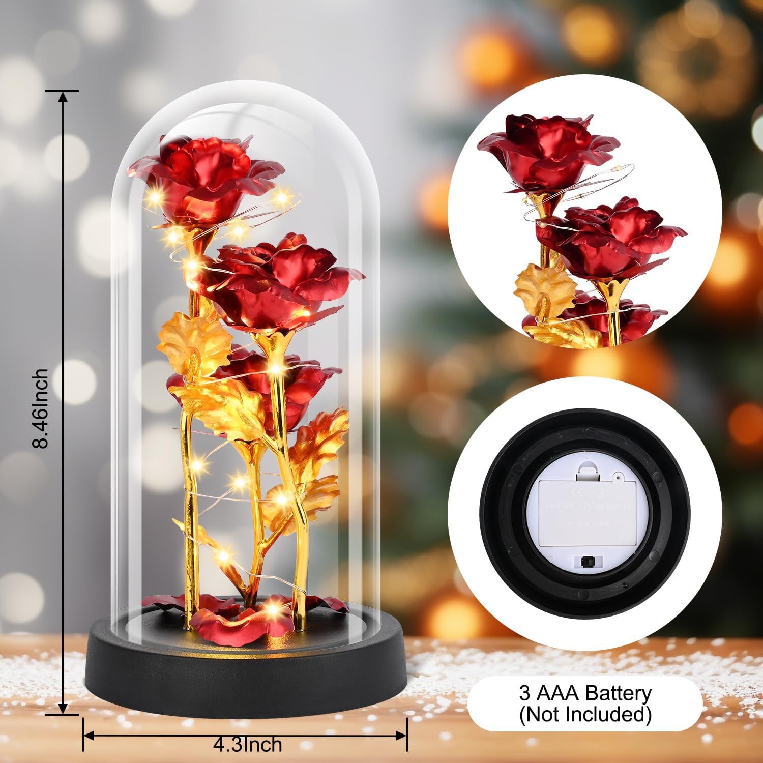 Eternal Blue Rose in Glass Dome with LED Lights, Romantic Forever Flower Gift for Valentine’s Day Anniversary Mother’s Day Birthday (Red) - Image 7