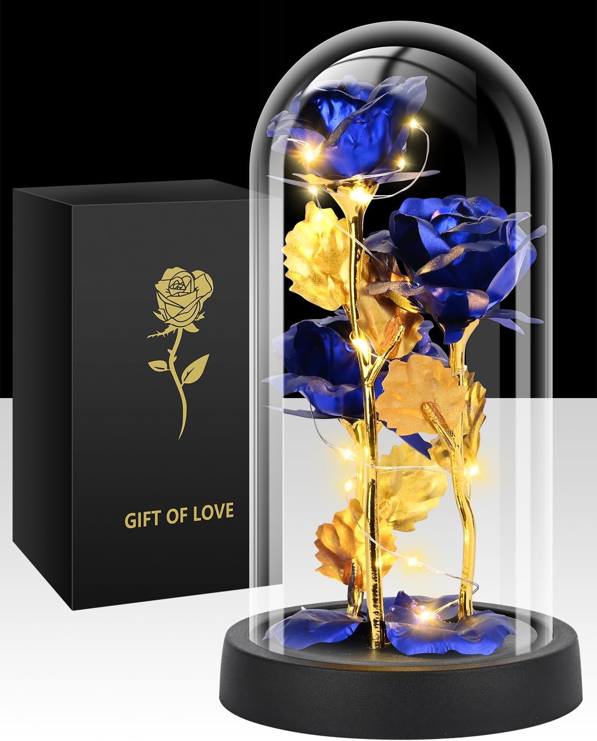 Eternal Blue Rose in Glass Dome with LED Lights, Romantic Forever Flower Gift for Valentine’s Day Anniversary Mother’s Day Birthday (Blue) - Image 1