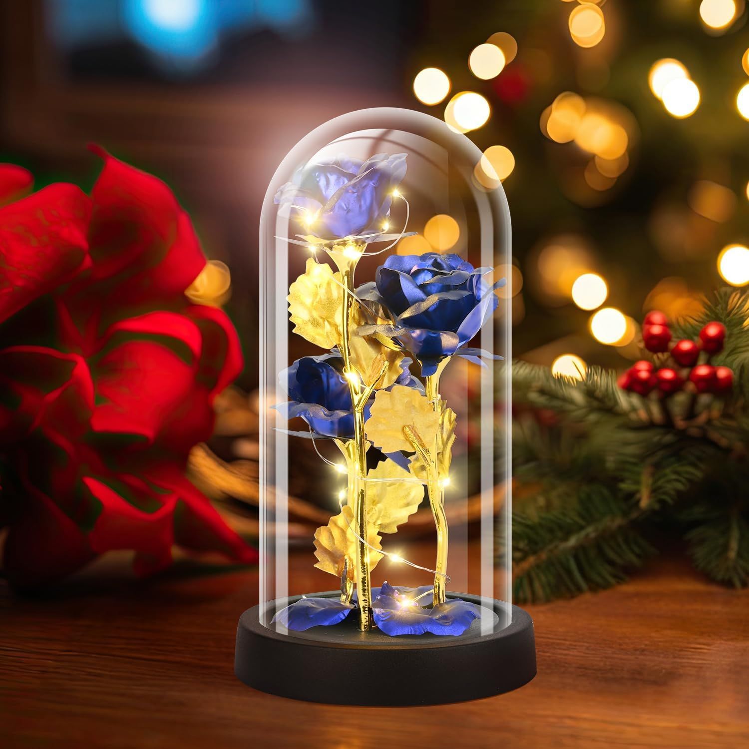 Eternal Blue Rose in Glass Dome with LED Lights, Romantic Forever Flower Gift for Valentine’s Day Anniversary Mother’s Day Birthday (Blue) - Image 2