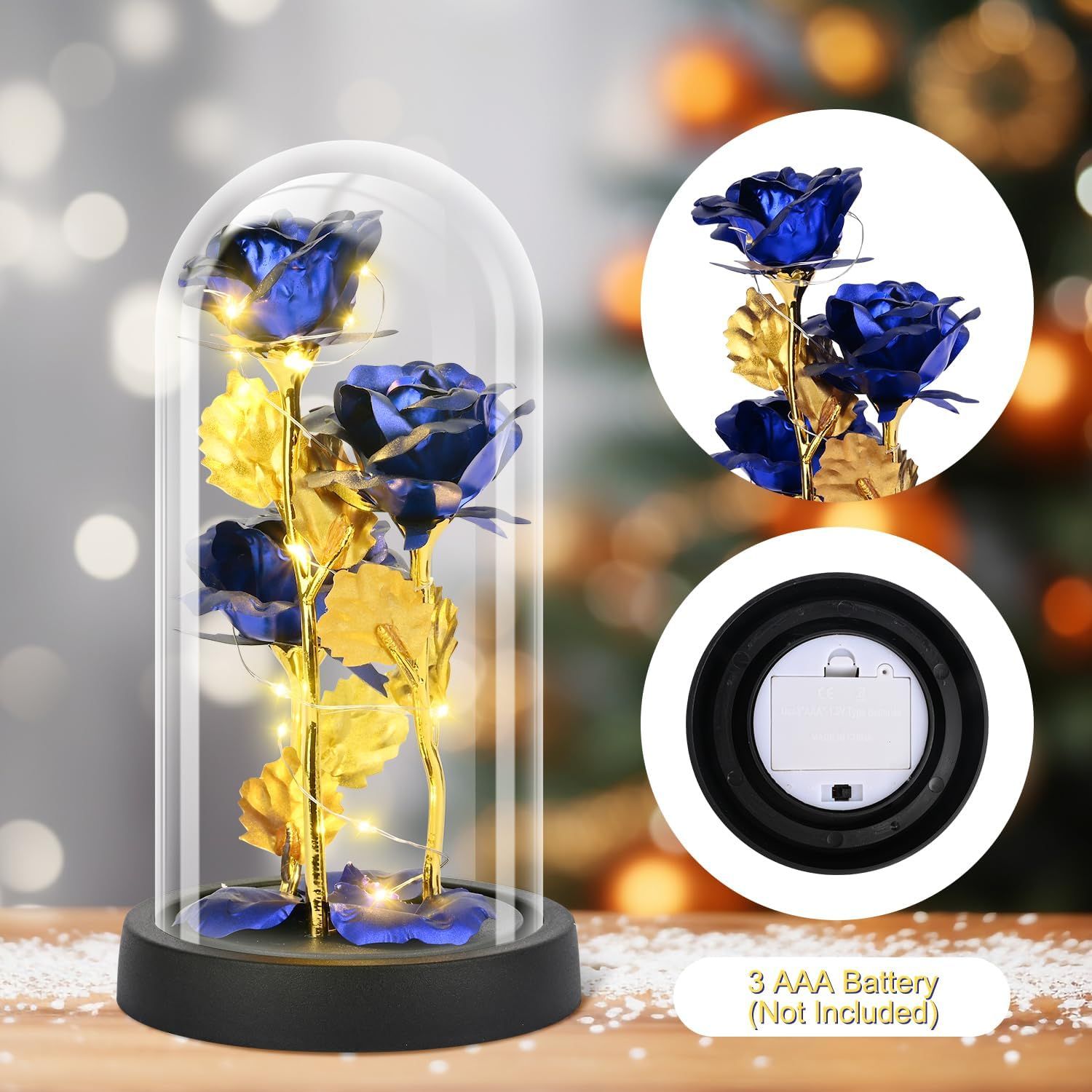 Eternal Blue Rose in Glass Dome with LED Lights, Romantic Forever Flower Gift for Valentine’s Day Anniversary Mother’s Day Birthday (Blue) - Image 7