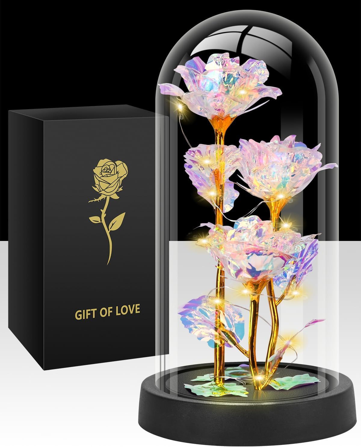 Eternal Blue Rose in Glass Dome with LED Lights, Romantic Forever Flower Gift for Valentine’s Day Anniversary Mother’s Day Birthday (Purple) - Image 1