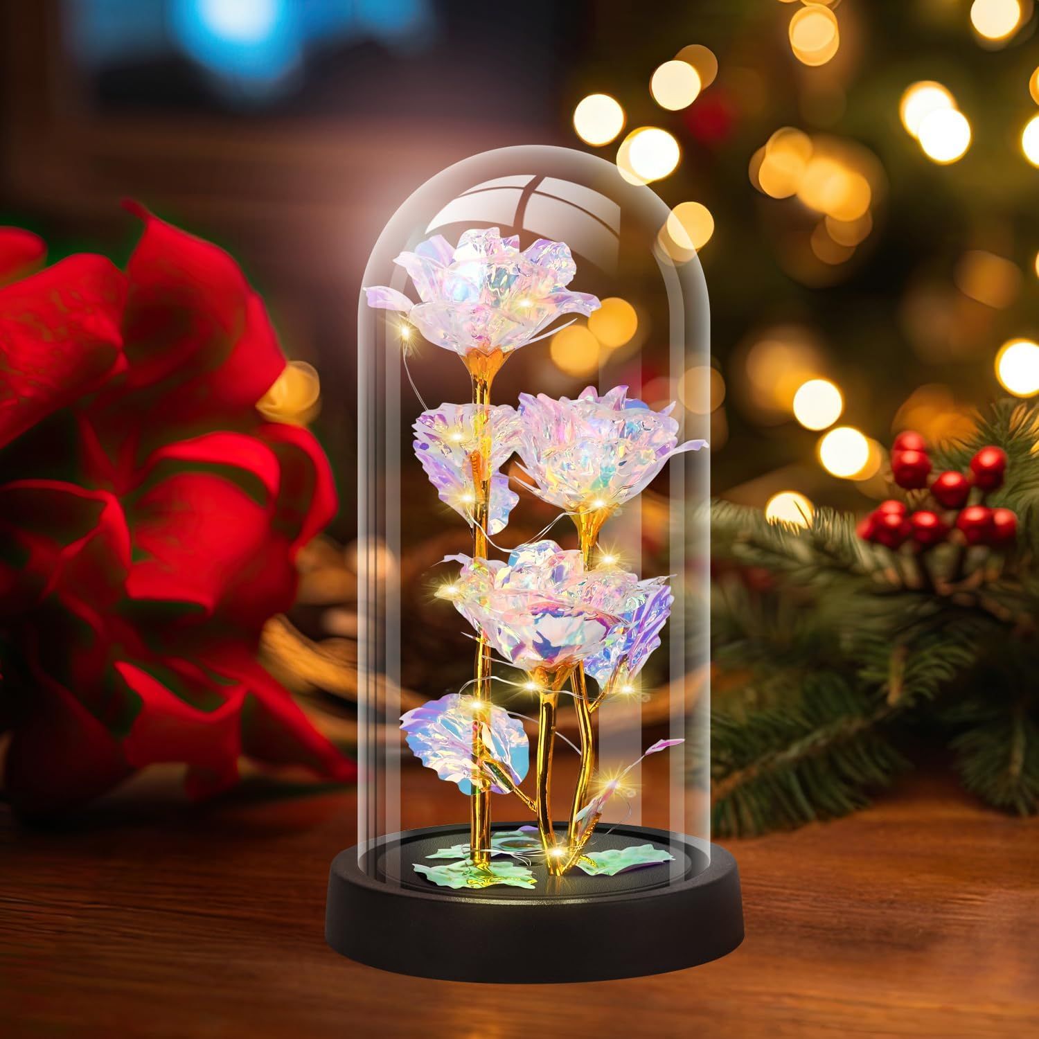Eternal Blue Rose in Glass Dome with LED Lights, Romantic Forever Flower Gift for Valentine’s Day Anniversary Mother’s Day Birthday (Purple) - Image 2