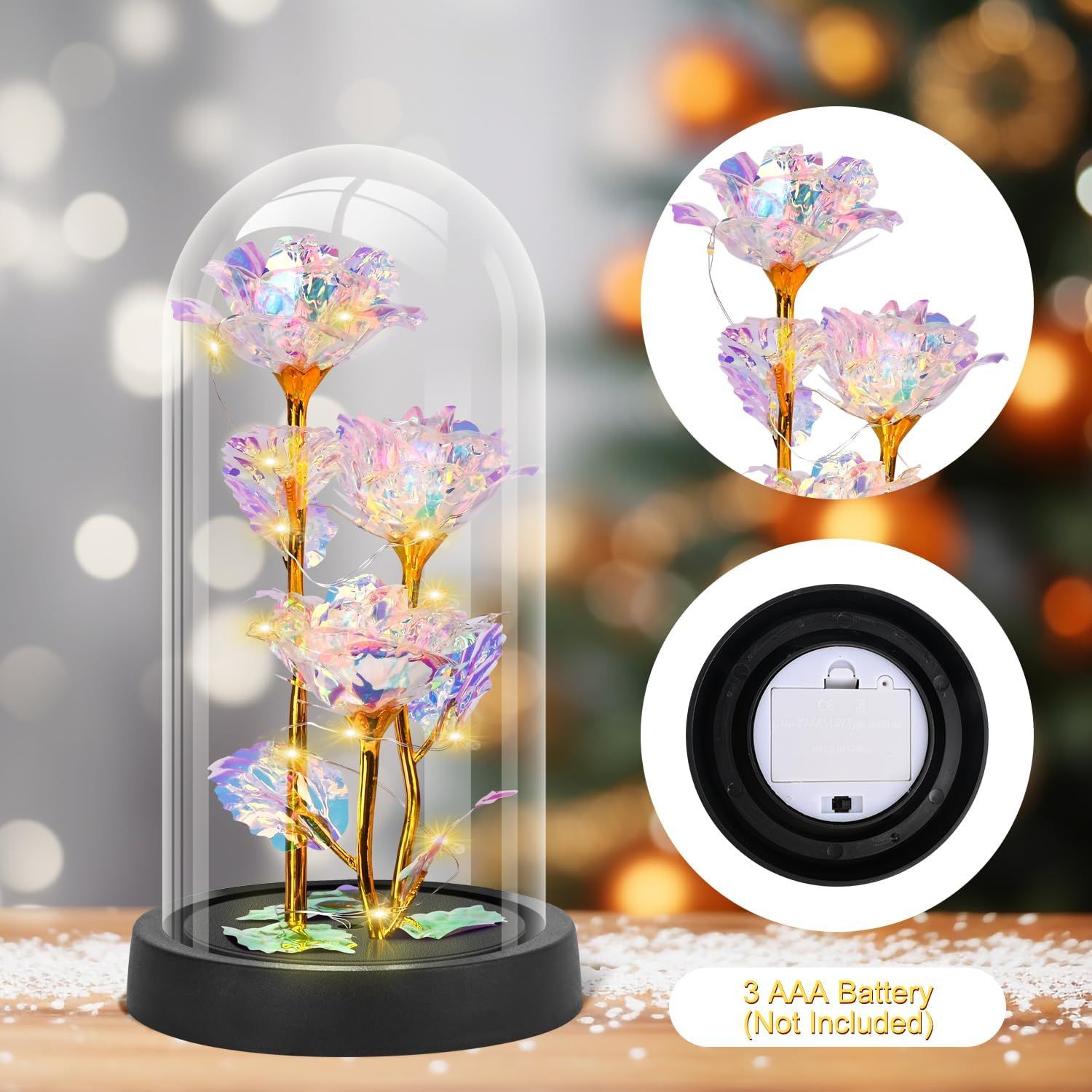 Eternal Blue Rose in Glass Dome with LED Lights, Romantic Forever Flower Gift for Valentine’s Day Anniversary Mother’s Day Birthday (Purple) - Image 7