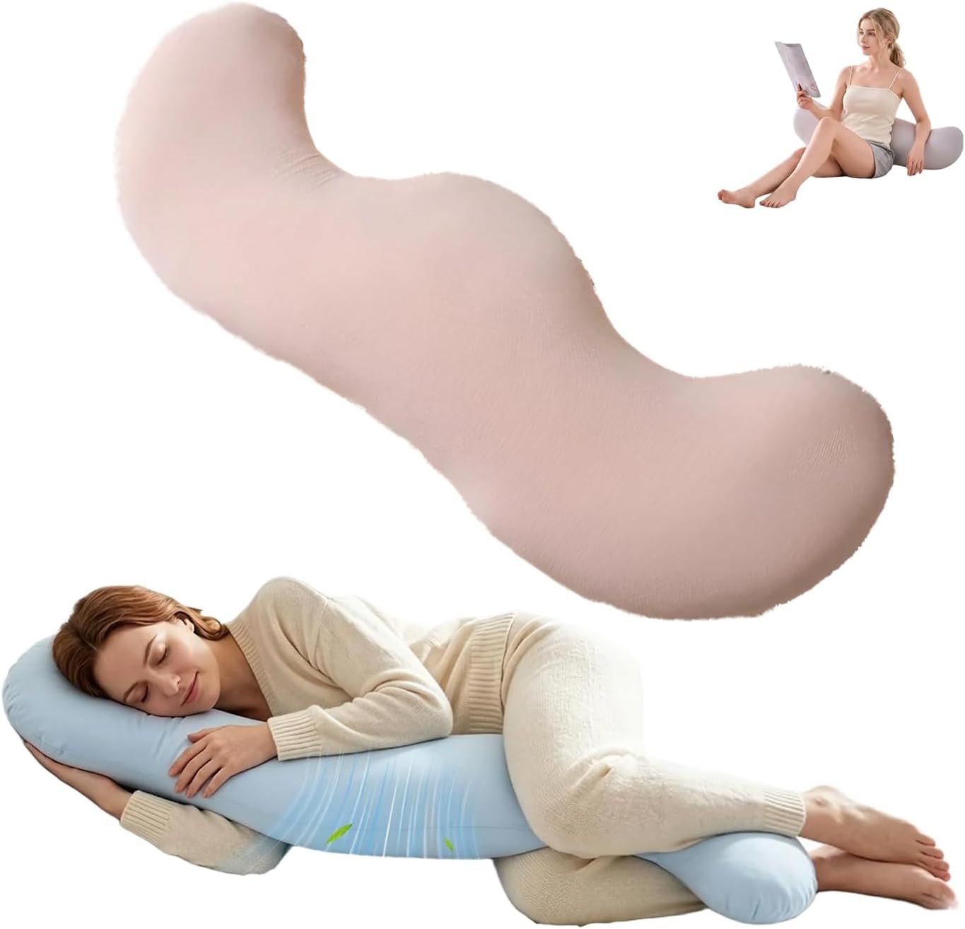 Pea Pod Shape Body Pillow for Adults Full-Body Support Side Sleeper Pillow, Pregnancy Back Pain Relief, Soft Hug Pillow with Memory Fiber Filling - Image 1