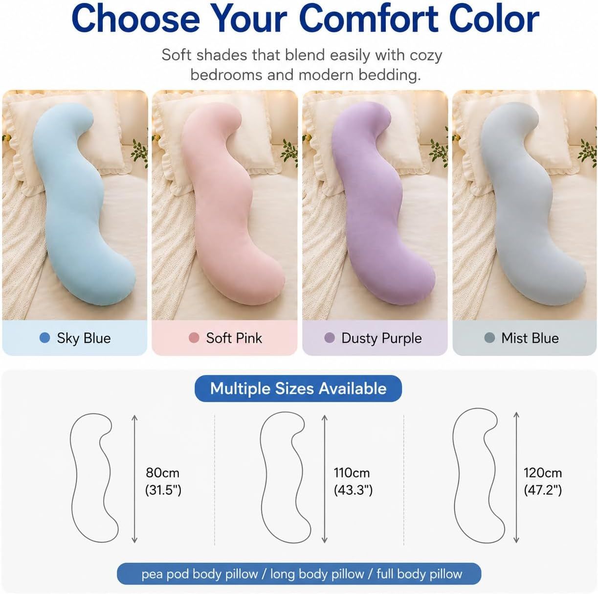 Pea Pod Shape Body Pillow for Adults Full-Body Support Side Sleeper Pillow, Pregnancy Back Pain Relief, Soft Hug Pillow with Memory Fiber Filling - Image 8