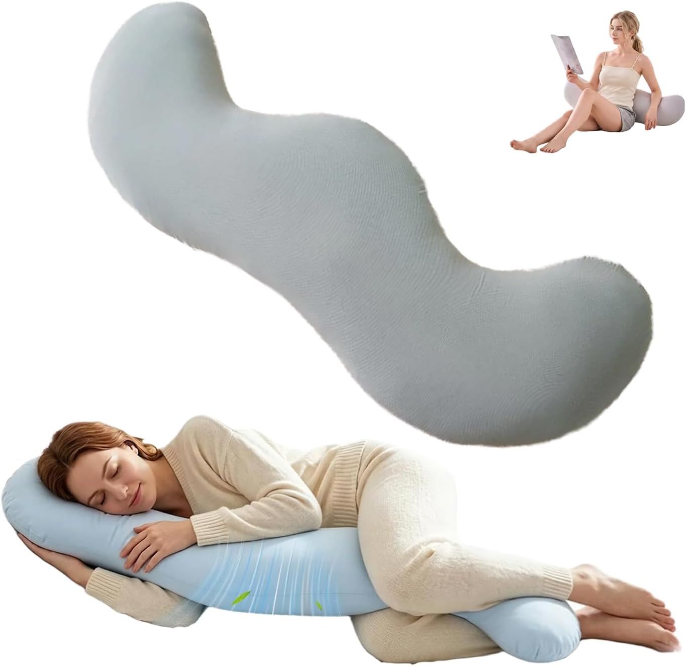Pea Pod Shape Body Pillow for Adults Full-Body Support Side Sleeper Pillow, Pregnancy Back Pain Relief, Soft Hug Pillow with Memory Fiber Filling - Image 1
