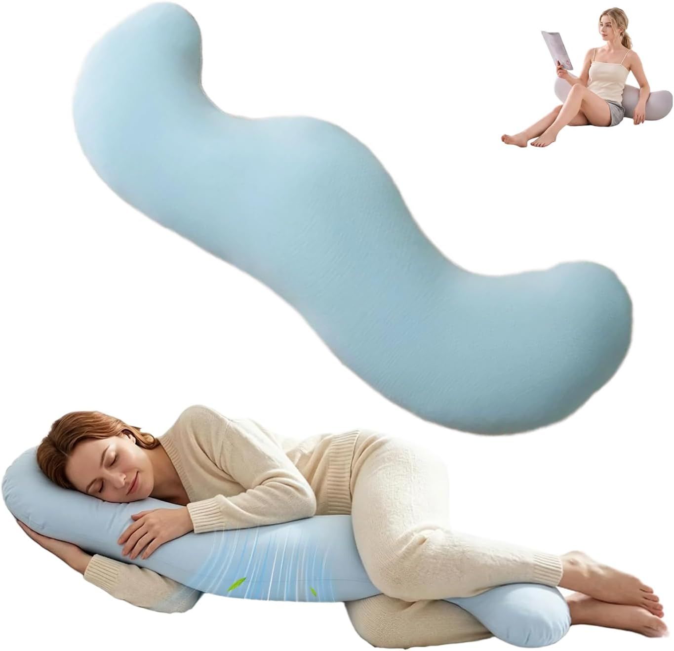 Pea Pod Shape Body Pillow for Adults Full-Body Support Side Sleeper Pillow, Pregnancy Back Pain Relief, Soft Hug Pillow with Memory Fiber Filling - Image 1