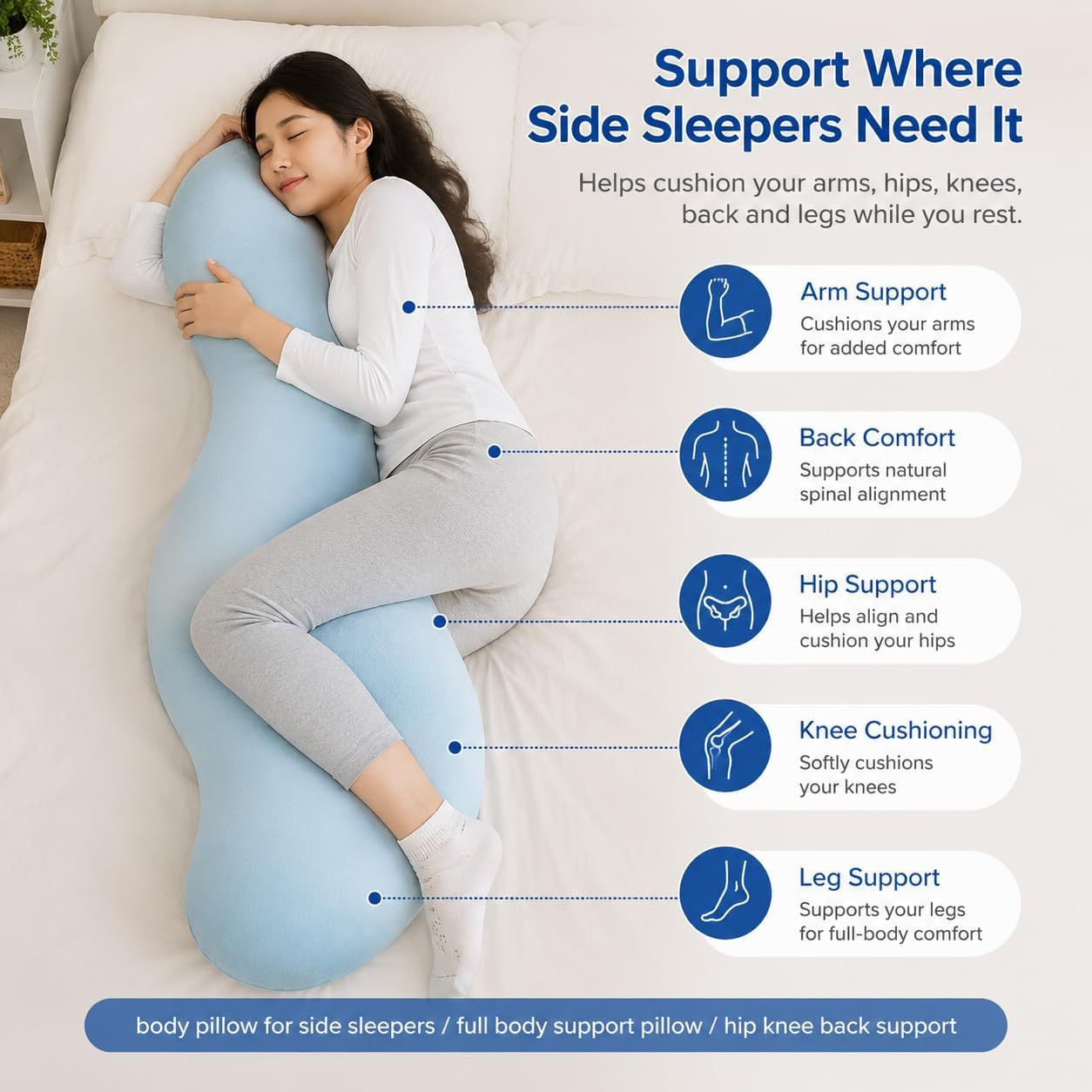 Pea Pod Shape Body Pillow for Adults Full-Body Support Side Sleeper Pillow, Pregnancy Back Pain Relief, Soft Hug Pillow with Memory Fiber Filling - Image 2