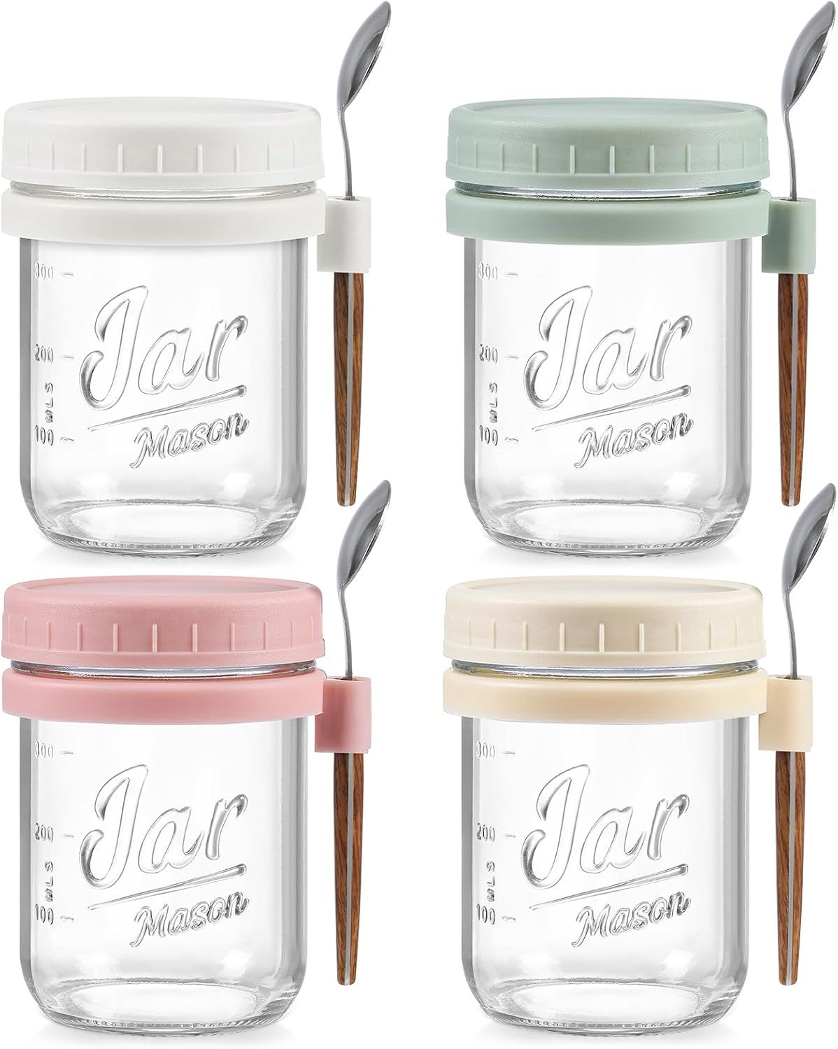 4-Pack 16oz Glass Overnight Oats Jars with Lids & Spoons, Airtight Mason Jars for Yogurt, Salad, Fruit, Meal Prep, Leak-Proof & Portable (Multicolor) - Image 1