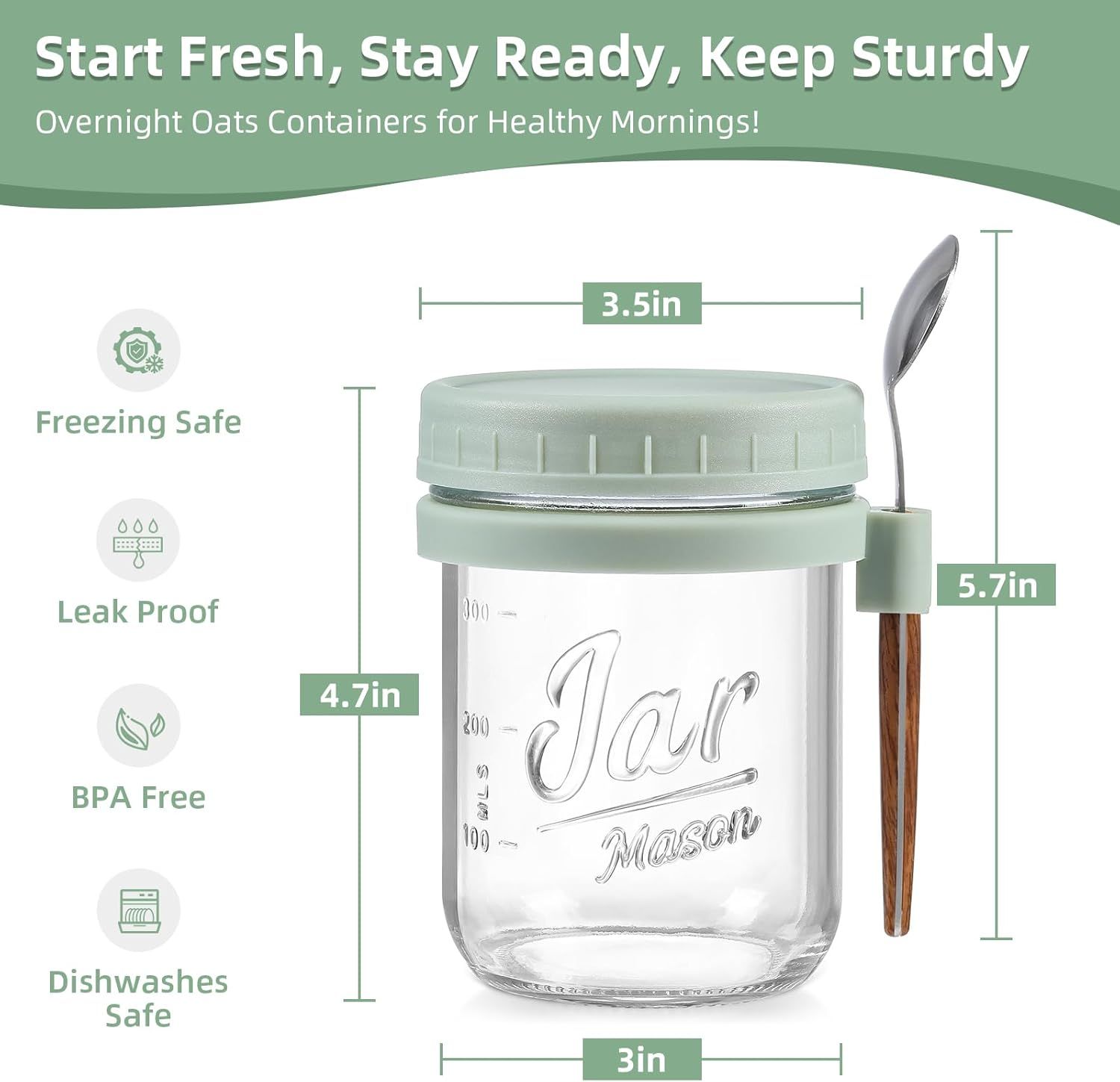 4-Pack 16oz Glass Overnight Oats Jars with Lids & Spoons, Airtight Mason Jars for Yogurt, Salad, Fruit, Meal Prep, Leak-Proof & Portable (Multicolor) - Image 2