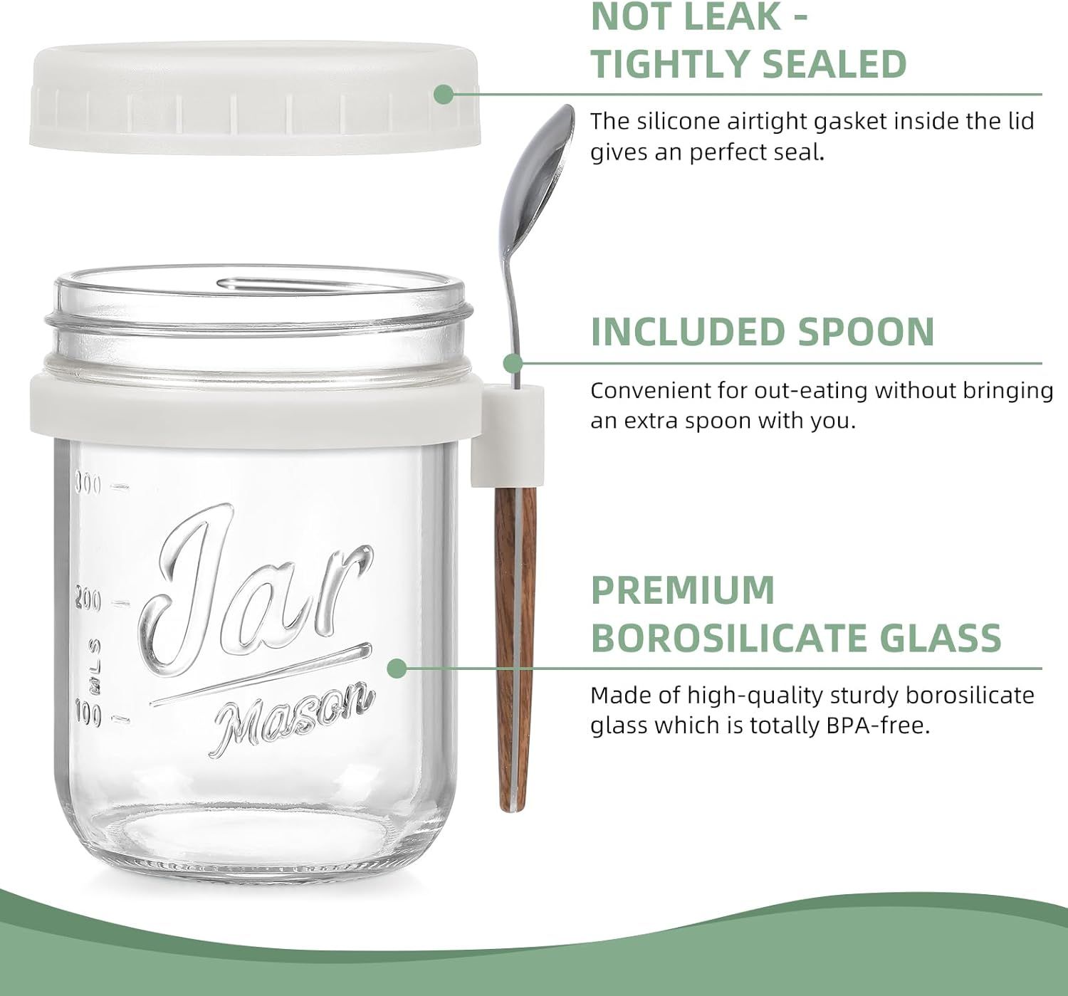 4-Pack 16oz Glass Overnight Oats Jars with Lids & Spoons, Airtight Mason Jars for Yogurt, Salad, Fruit, Meal Prep, Leak-Proof & Portable (Multicolor) - Image 3