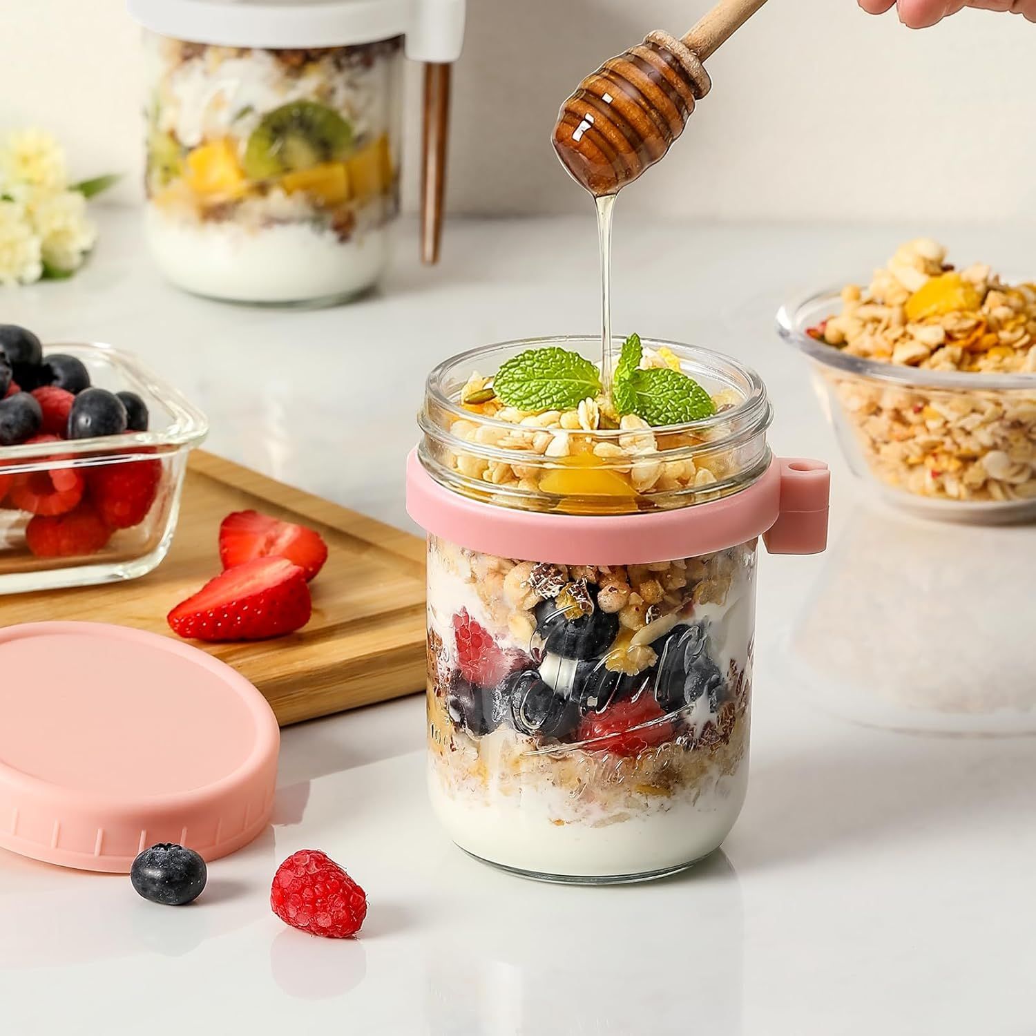 4-Pack 16oz Glass Overnight Oats Jars with Lids & Spoons, Airtight Mason Jars for Yogurt, Salad, Fruit, Meal Prep, Leak-Proof & Portable (Multicolor) - Image 4