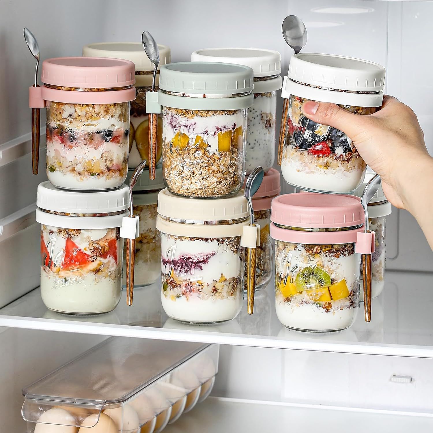 4-Pack 16oz Glass Overnight Oats Jars with Lids & Spoons, Airtight Mason Jars for Yogurt, Salad, Fruit, Meal Prep, Leak-Proof & Portable (Multicolor) - Image 6