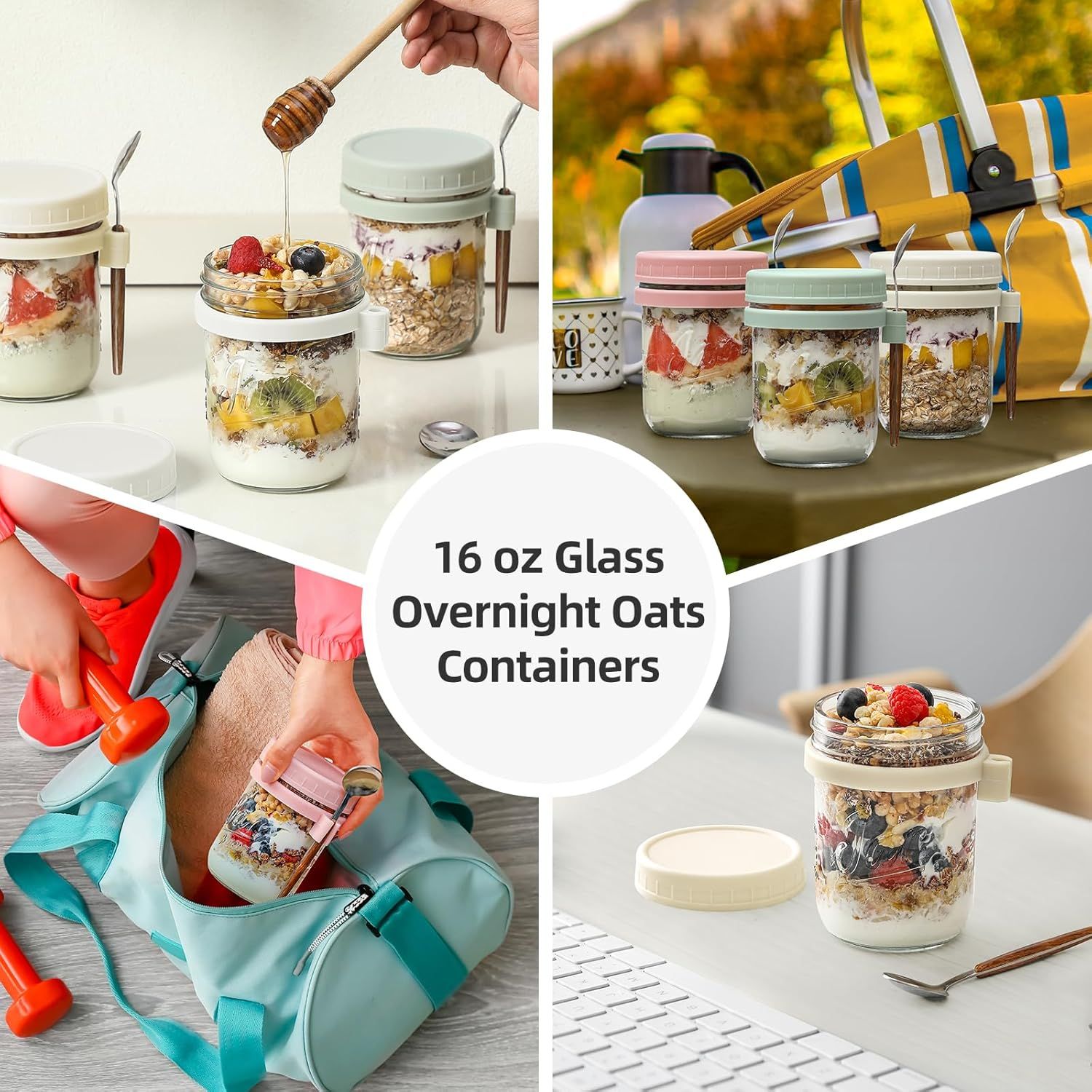 4-Pack 16oz Glass Overnight Oats Jars with Lids & Spoons, Airtight Mason Jars for Yogurt, Salad, Fruit, Meal Prep, Leak-Proof & Portable (Multicolor) - Image 7