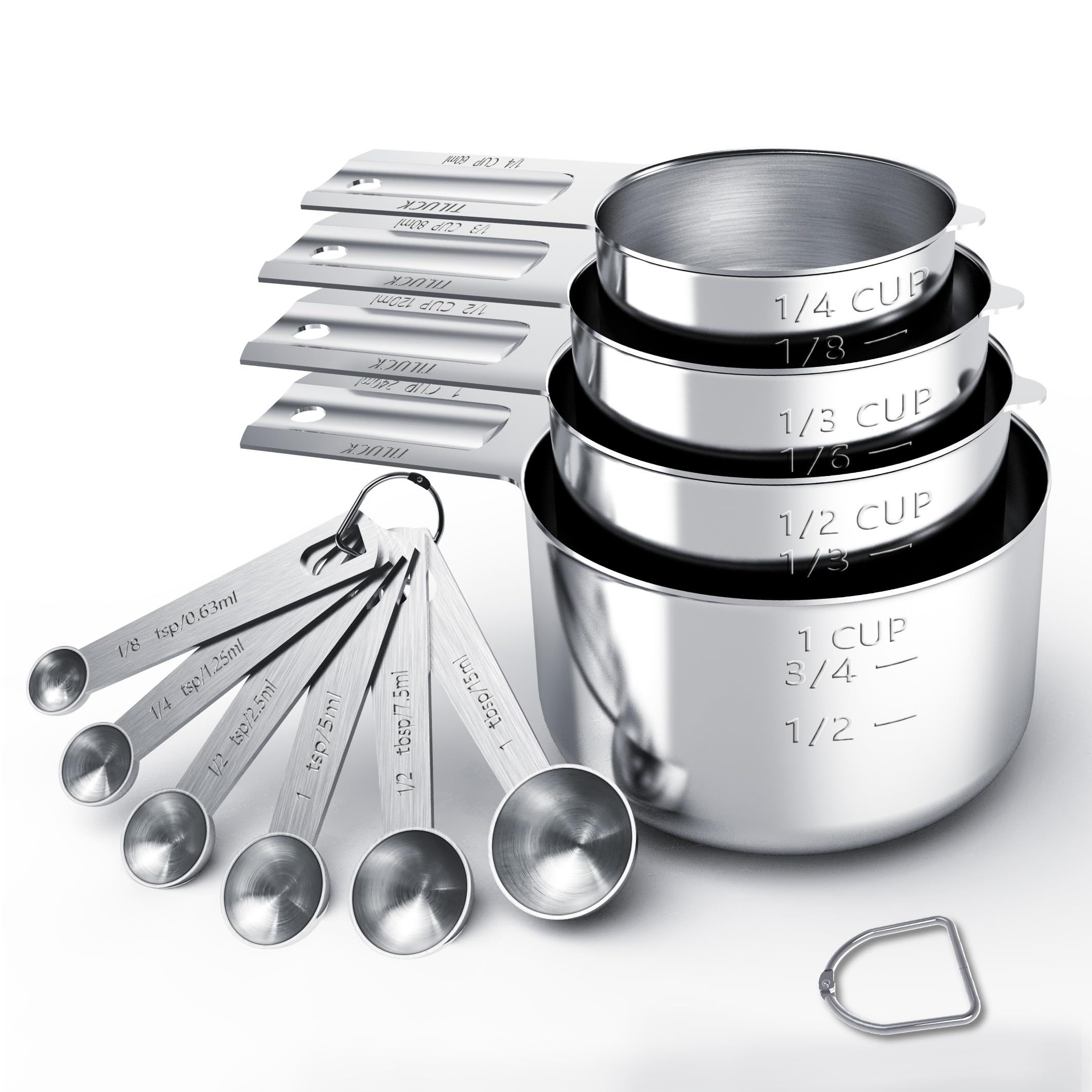 10-Piece Stainless Steel Measuring Cup and Spoon Set with Engraved Dual-Scale Markings, Nesting Design, Hanging Ring, and Compact Storage—Ideal for Baking, Cooking, and Portion Control in Home Kitchens (Silver) - Image 1