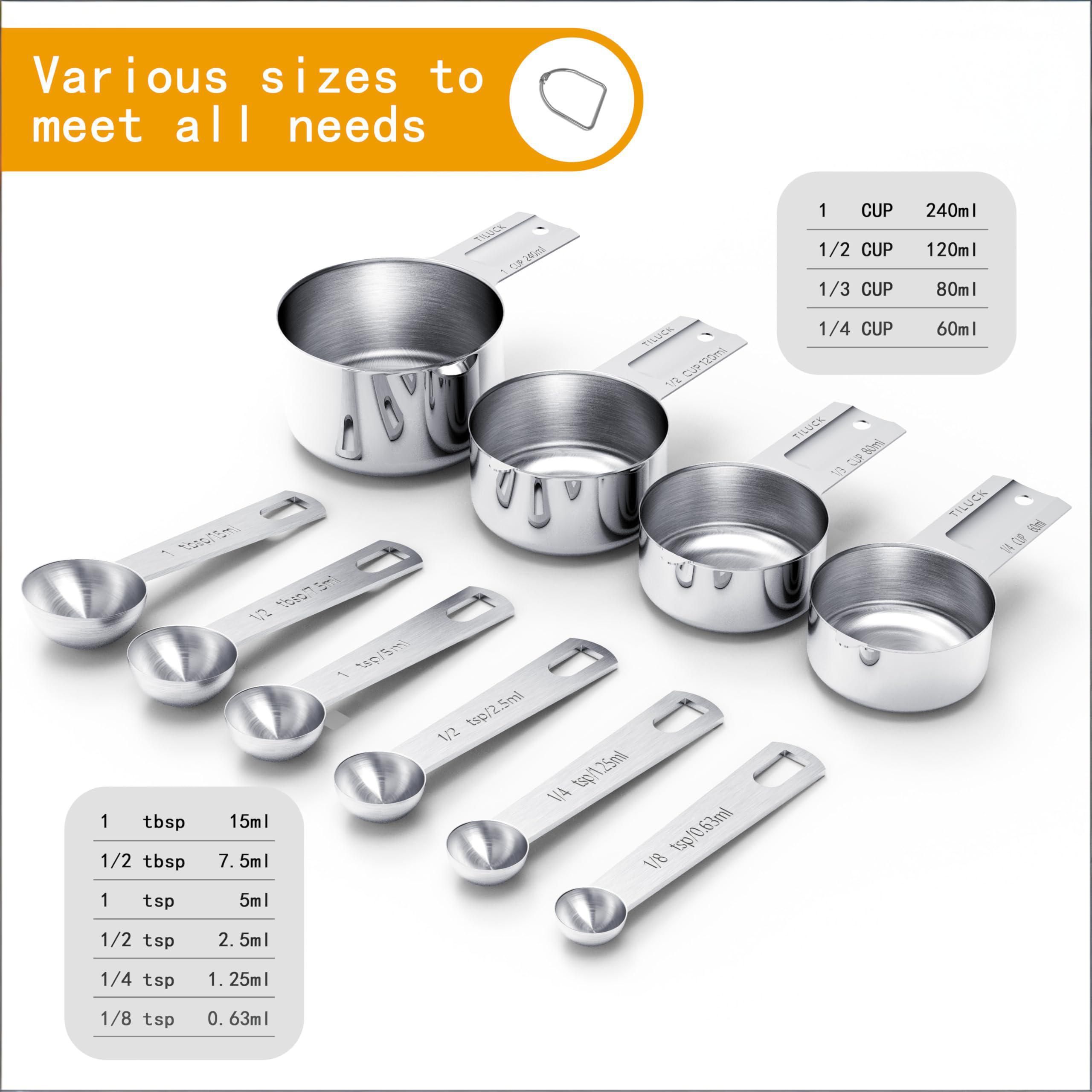 10-Piece Stainless Steel Measuring Cup and Spoon Set with Engraved Dual-Scale Markings, Nesting Design, Hanging Ring, and Compact Storage—Ideal for Baking, Cooking, and Portion Control in Home Kitchens (Silver) - Image 2