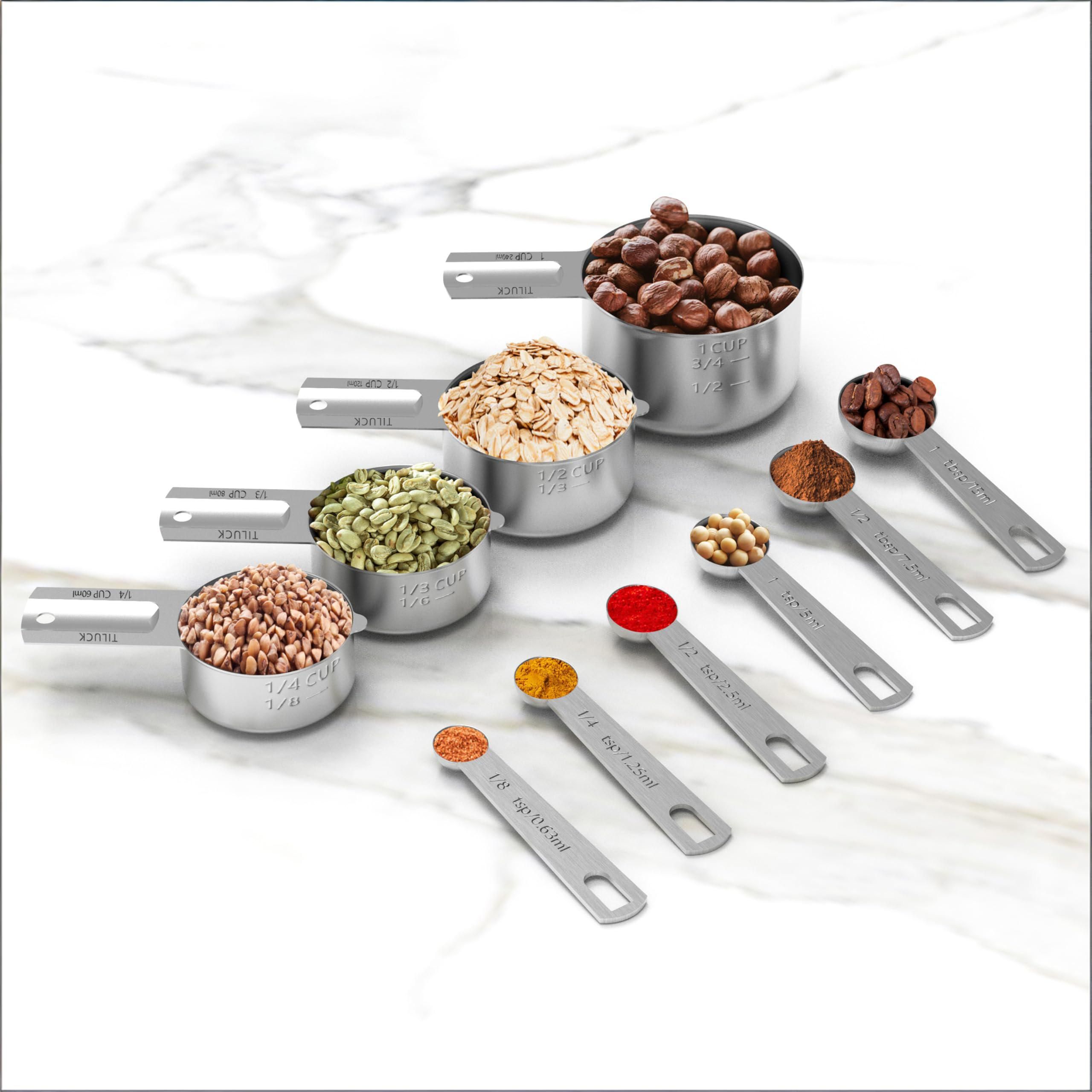10-Piece Stainless Steel Measuring Cup and Spoon Set with Engraved Dual-Scale Markings, Nesting Design, Hanging Ring, and Compact Storage—Ideal for Baking, Cooking, and Portion Control in Home Kitchens (Silver) - Image 5