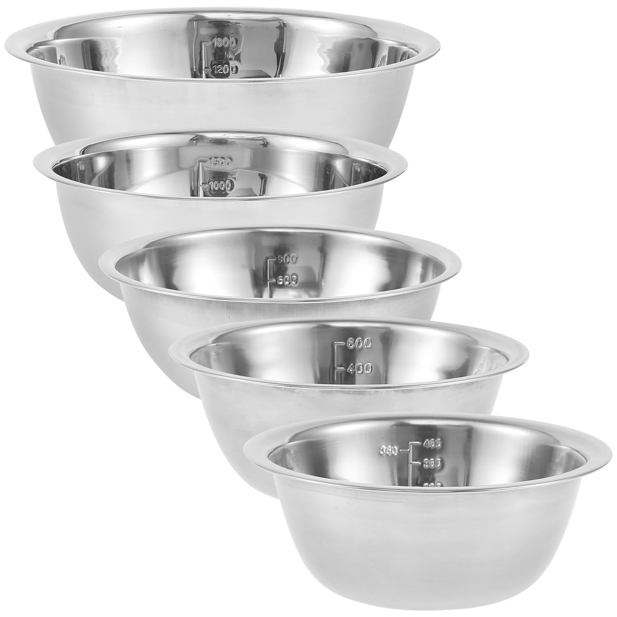 5-Piece Stainless Steel Mixing Bowl Set for Baking, Salad, Dough & Food Prep – Nesting Design with Measurement Marks and Durable Finish (Silver) - Image 1