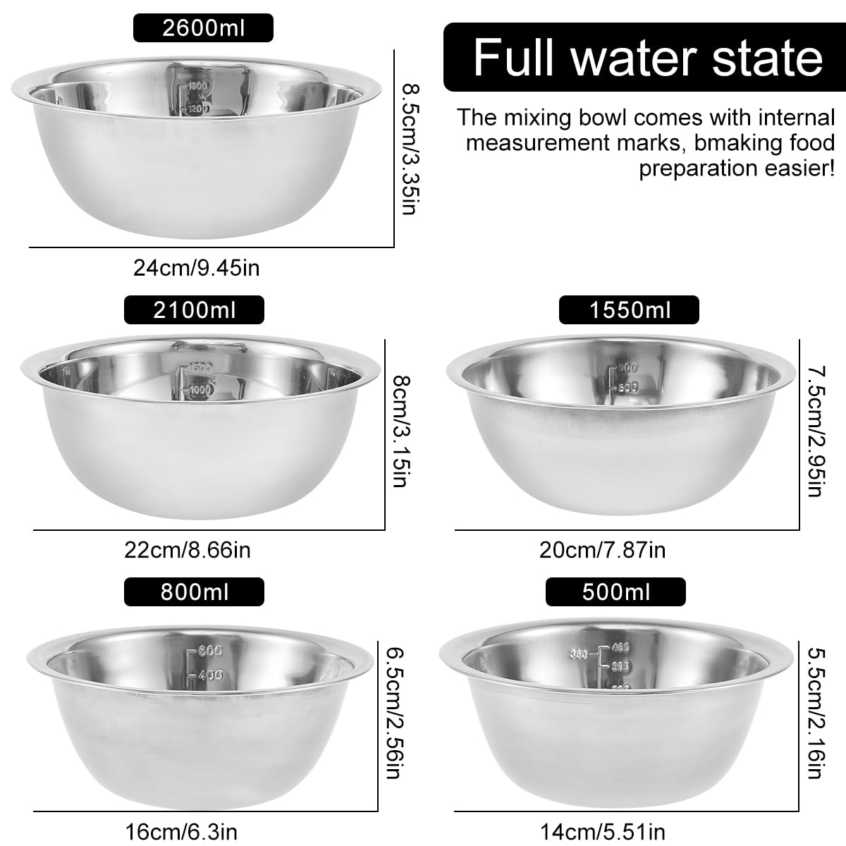 5-Piece Stainless Steel Mixing Bowl Set for Baking, Salad, Dough & Food Prep – Nesting Design with Measurement Marks and Durable Finish (Silver) - Image 3