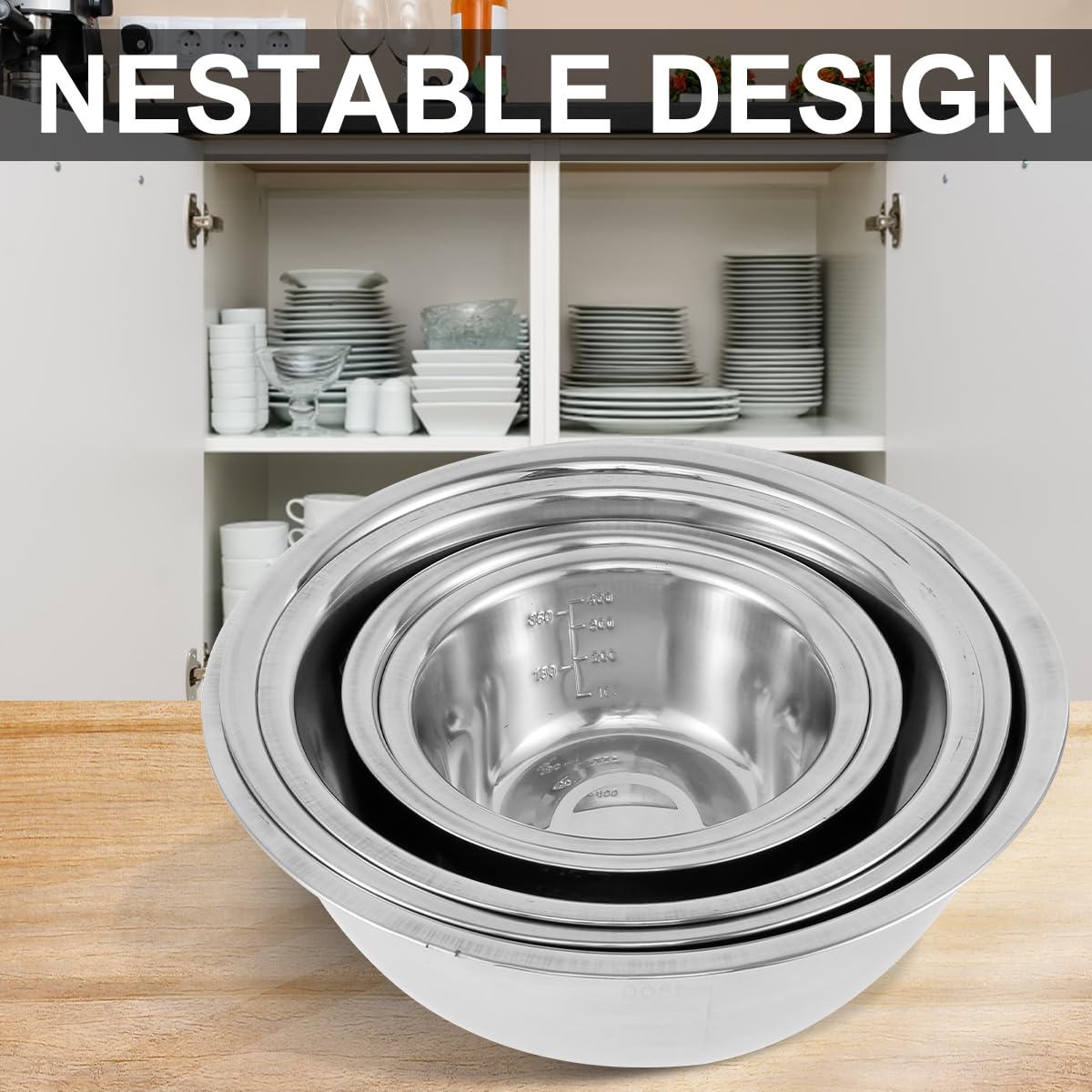 5-Piece Stainless Steel Mixing Bowl Set for Baking, Salad, Dough & Food Prep – Nesting Design with Measurement Marks and Durable Finish (Silver) - Image 4