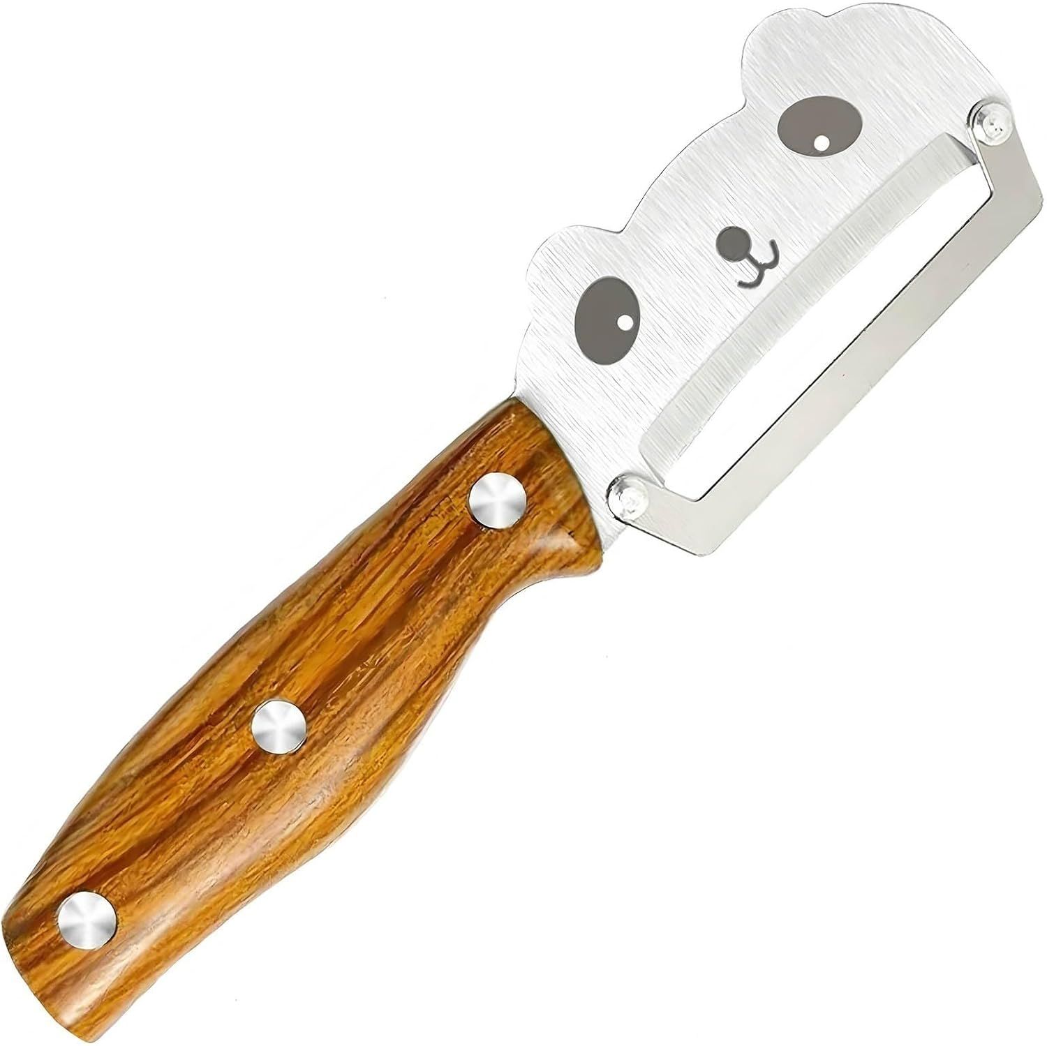Panda-Face Stainless Steel Peeling Knife for Fruits & Vegetables—Curved Blade, Wood-Grain Handle, Compact Design—Ideal for Pumpkin, Zucchini, Sugarcane, Apples & More—Easy Grip, Portable Kitchen Tool (Brown) - Image 1