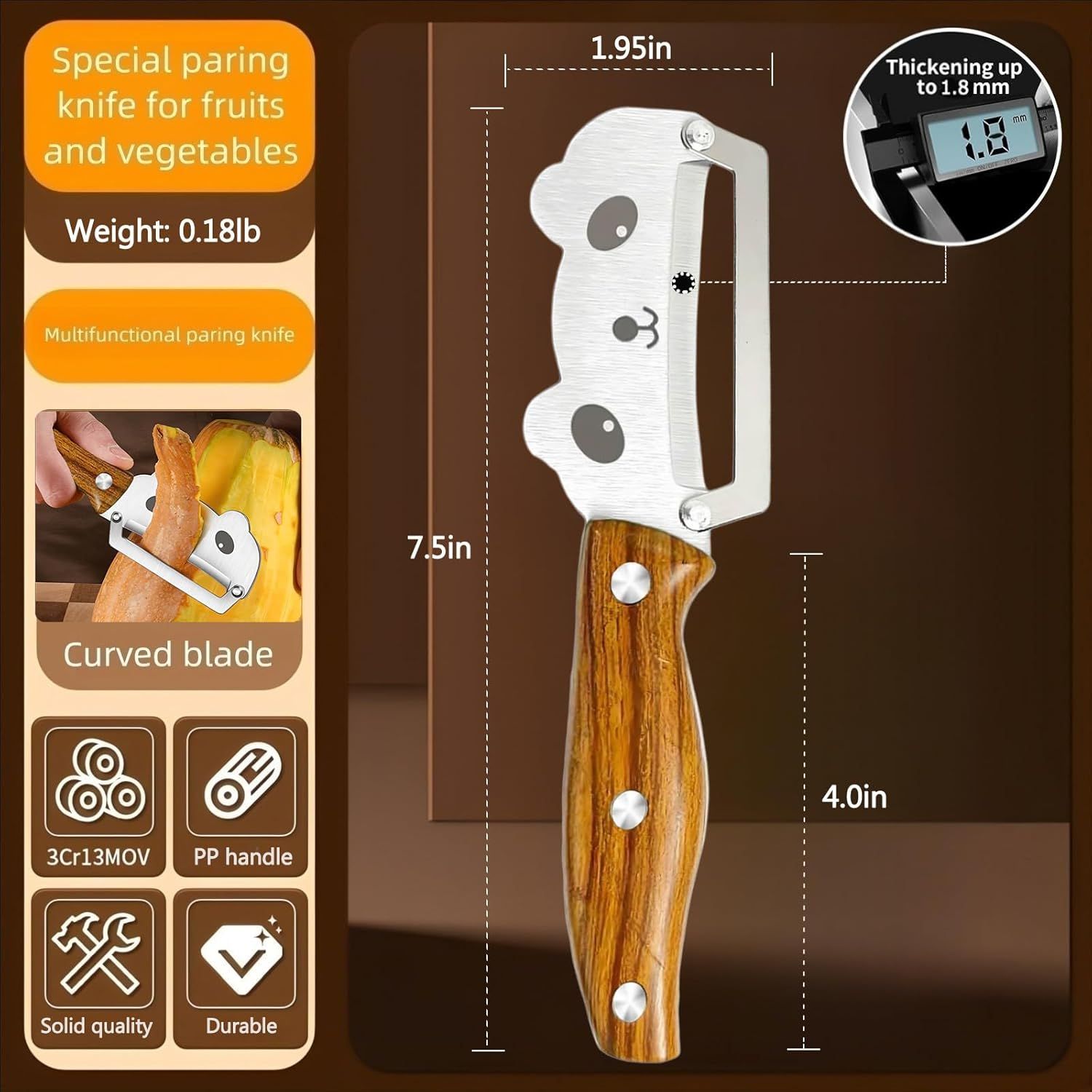 Panda-Face Stainless Steel Peeling Knife for Fruits & Vegetables—Curved Blade, Wood-Grain Handle, Compact Design—Ideal for Pumpkin, Zucchini, Sugarcane, Apples & More—Easy Grip, Portable Kitchen Tool (Brown) - Image 2