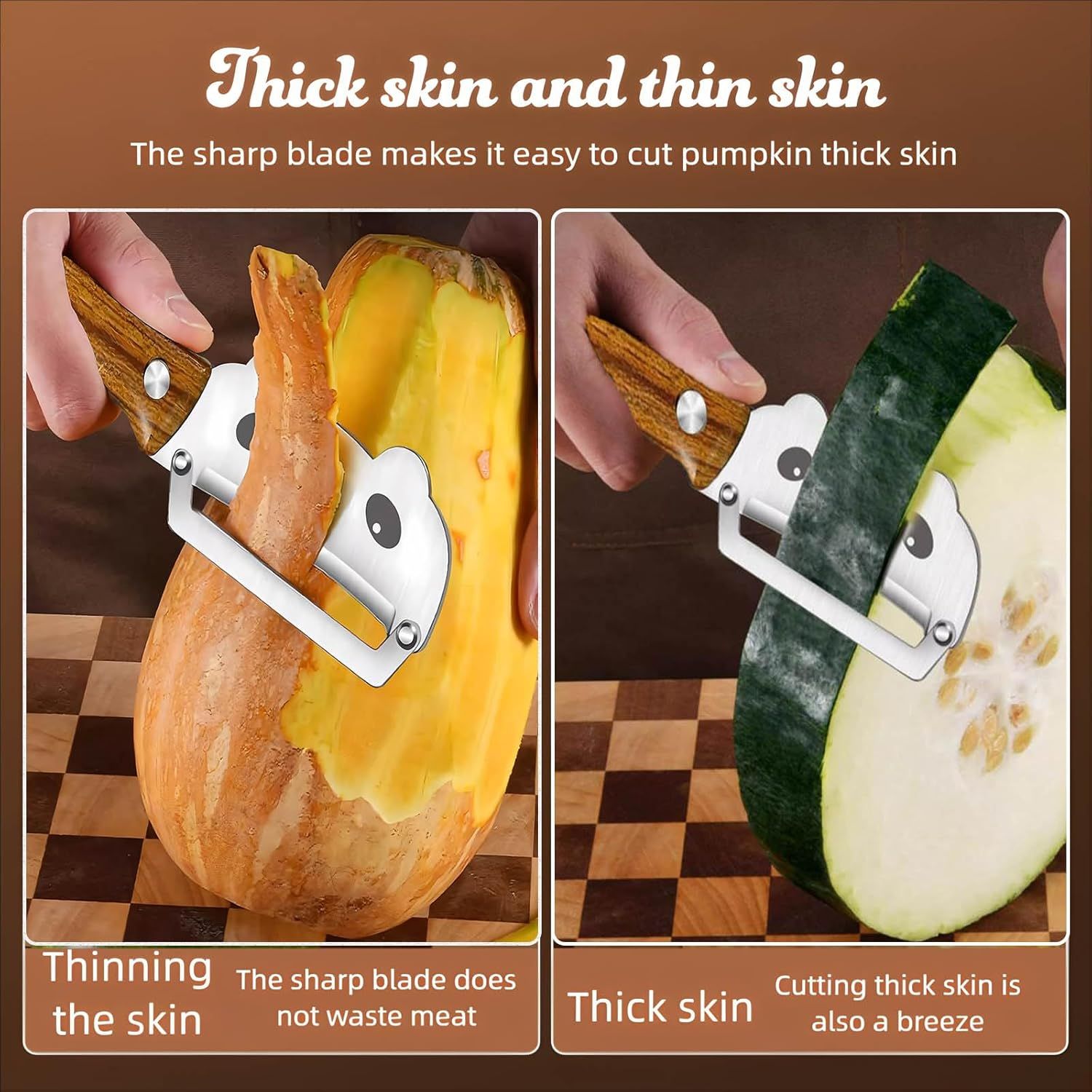Panda-Face Stainless Steel Peeling Knife for Fruits & Vegetables—Curved Blade, Wood-Grain Handle, Compact Design—Ideal for Pumpkin, Zucchini, Sugarcane, Apples & More—Easy Grip, Portable Kitchen Tool (Brown) - Image 3