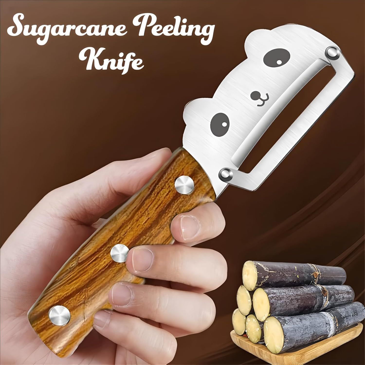 Panda-Face Stainless Steel Peeling Knife for Fruits & Vegetables—Curved Blade, Wood-Grain Handle, Compact Design—Ideal for Pumpkin, Zucchini, Sugarcane, Apples & More—Easy Grip, Portable Kitchen Tool (Brown) - Image 4