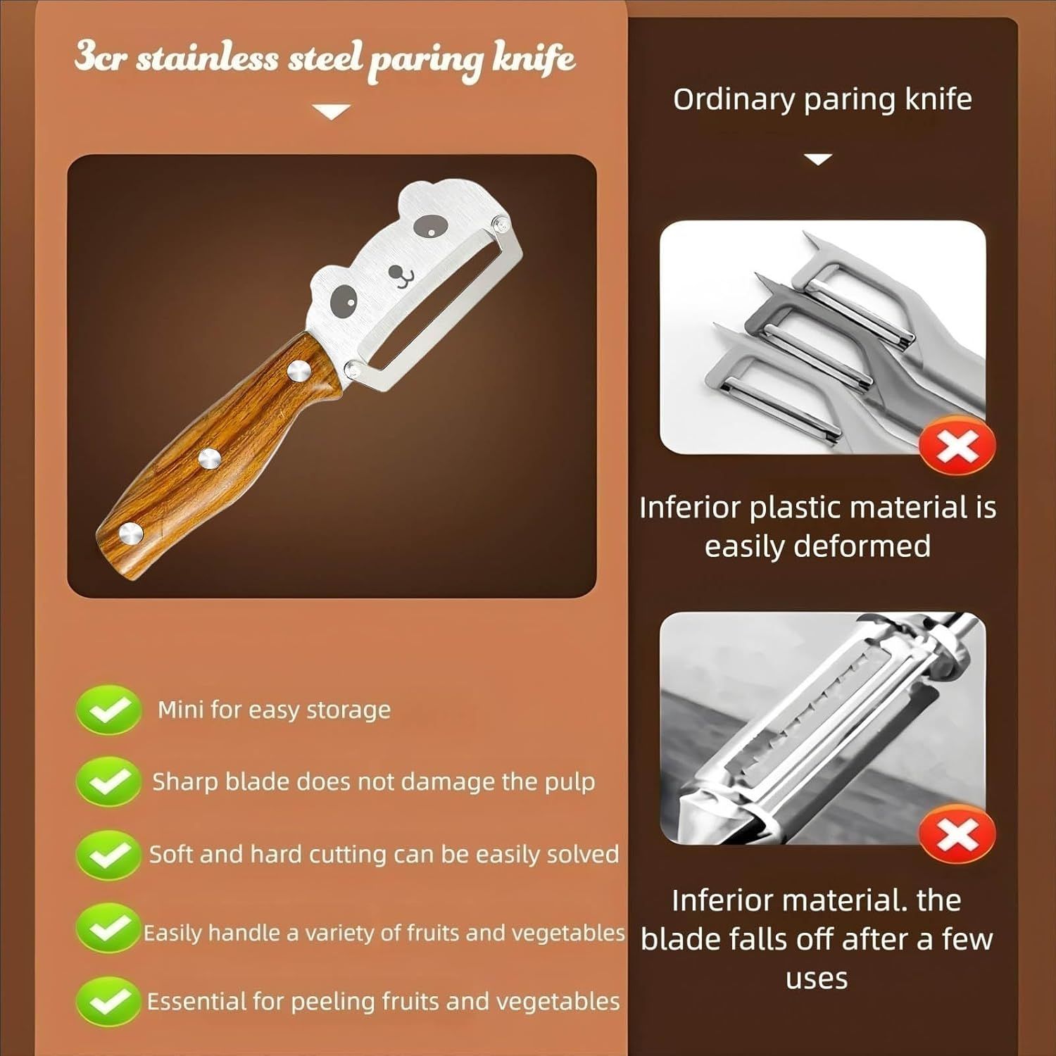 Panda-Face Stainless Steel Peeling Knife for Fruits & Vegetables—Curved Blade, Wood-Grain Handle, Compact Design—Ideal for Pumpkin, Zucchini, Sugarcane, Apples & More—Easy Grip, Portable Kitchen Tool (Brown) - Image 5