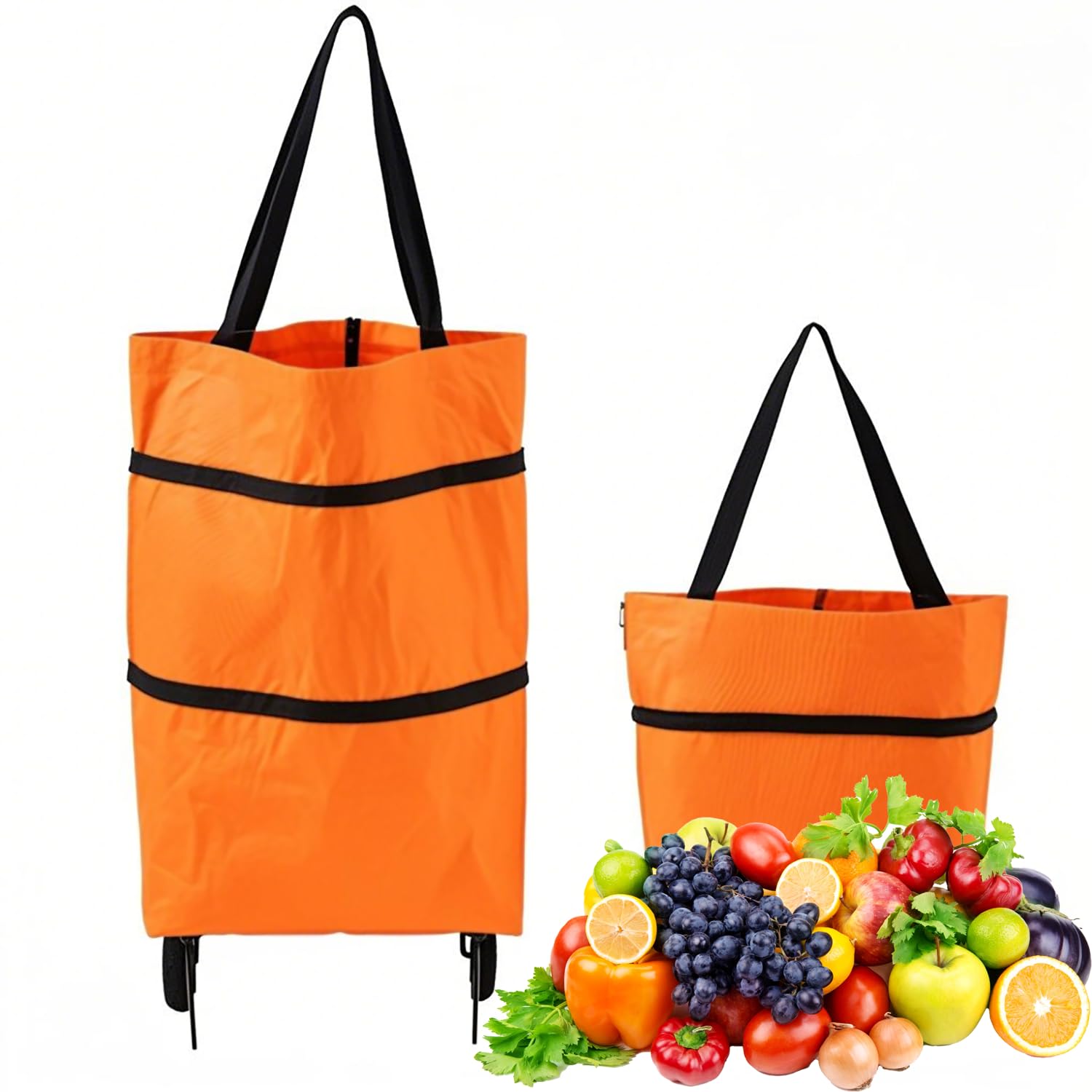 2-in-1 Collapsible Shopping Trolley with Wheels – Foldable Grocery Cart, Reusable Waterproof Oxford Bag for Supermarket, Picnic & Travel (Orange) - Image 1