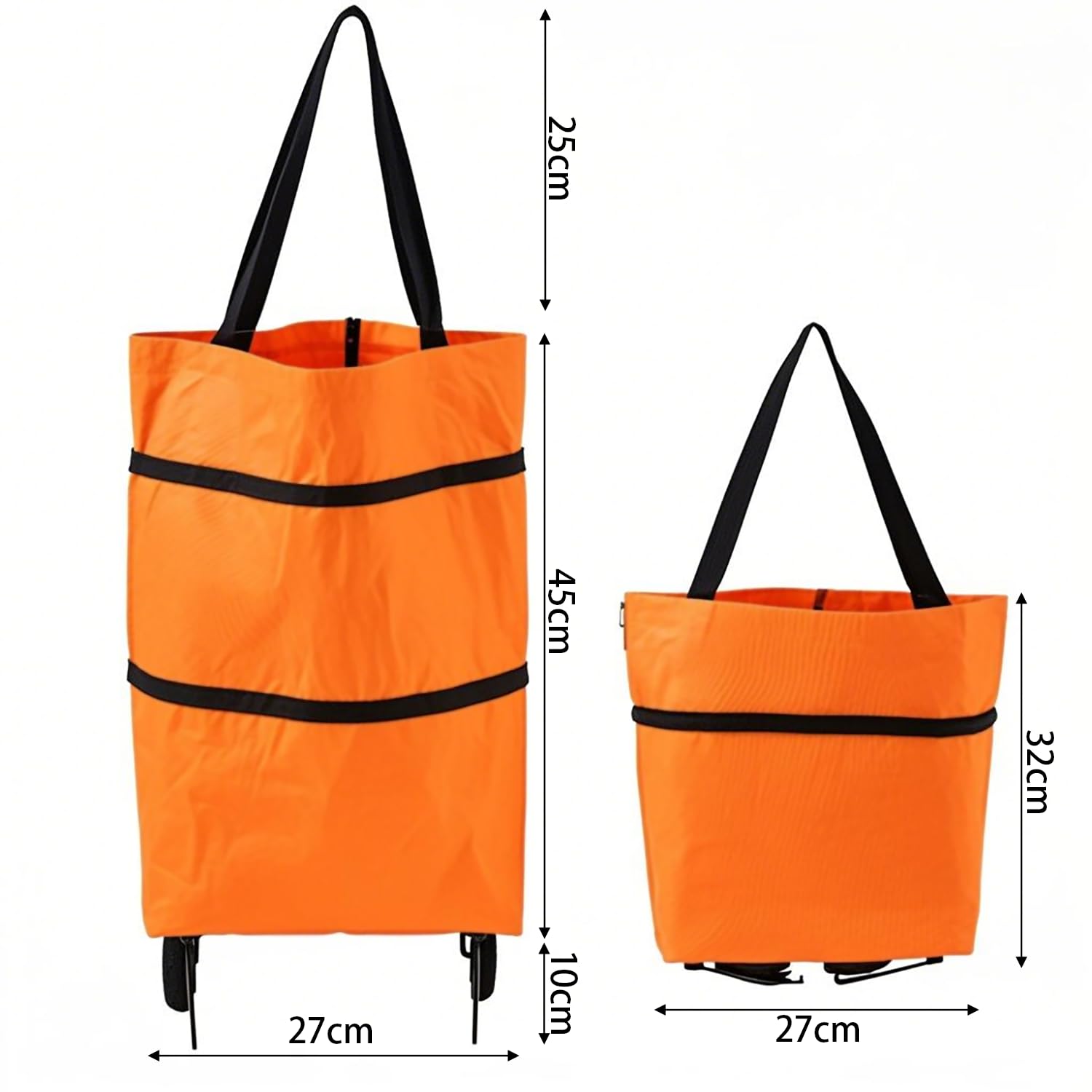 2-in-1 Collapsible Shopping Trolley with Wheels – Foldable Grocery Cart, Reusable Waterproof Oxford Bag for Supermarket, Picnic & Travel (Orange) - Image 2