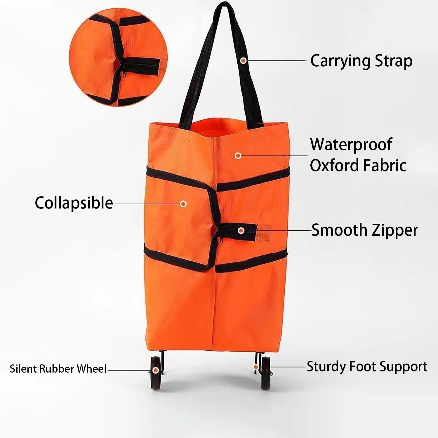 2-in-1 Collapsible Shopping Trolley with Wheels – Foldable Grocery Cart, Reusable Waterproof Oxford Bag for Supermarket, Picnic & Travel (Orange) - Image 3