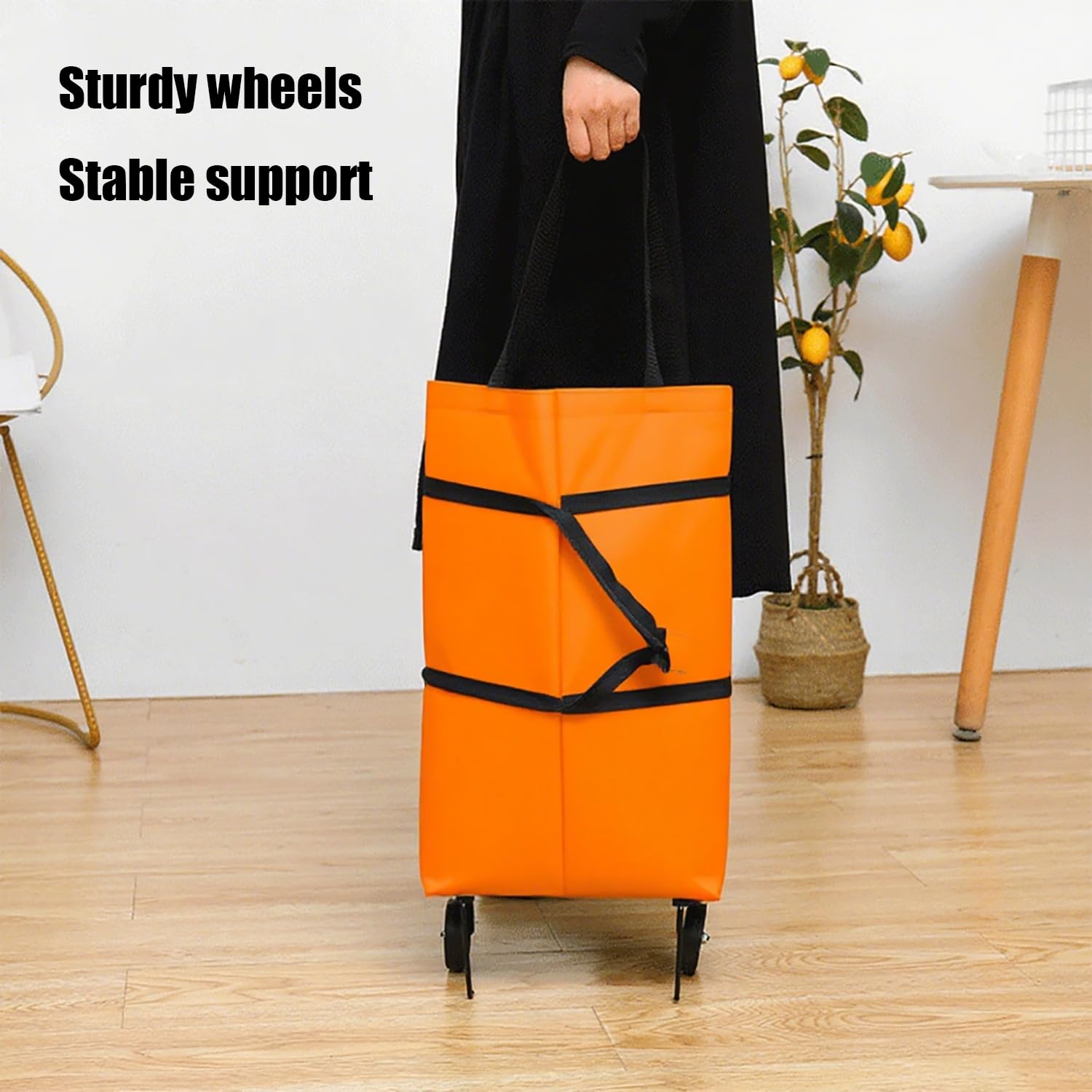 2-in-1 Collapsible Shopping Trolley with Wheels – Foldable Grocery Cart, Reusable Waterproof Oxford Bag for Supermarket, Picnic & Travel (Orange) - Image 5