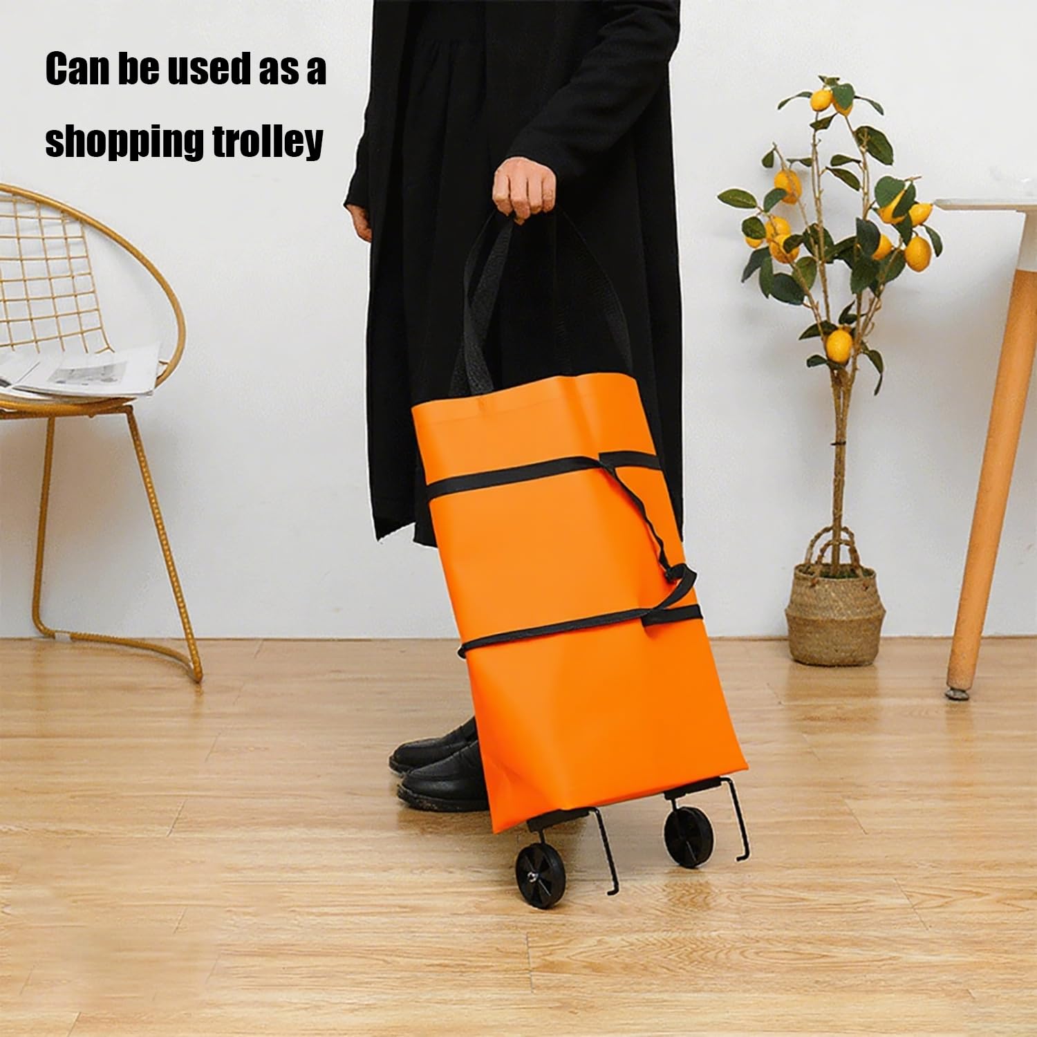 2-in-1 Collapsible Shopping Trolley with Wheels – Foldable Grocery Cart, Reusable Waterproof Oxford Bag for Supermarket, Picnic & Travel (Orange) - Image 6
