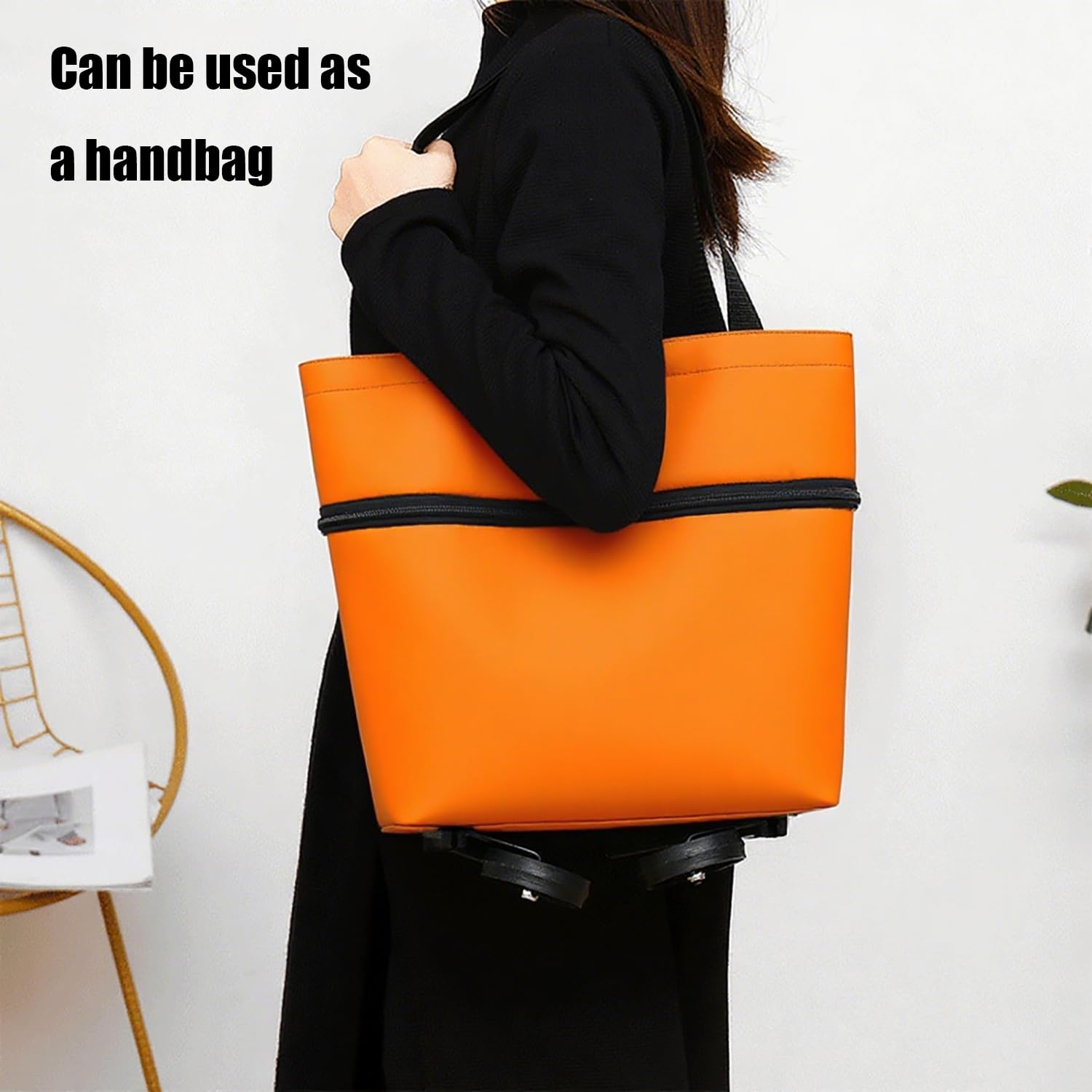 2-in-1 Collapsible Shopping Trolley with Wheels – Foldable Grocery Cart, Reusable Waterproof Oxford Bag for Supermarket, Picnic & Travel (Orange) - Image 8