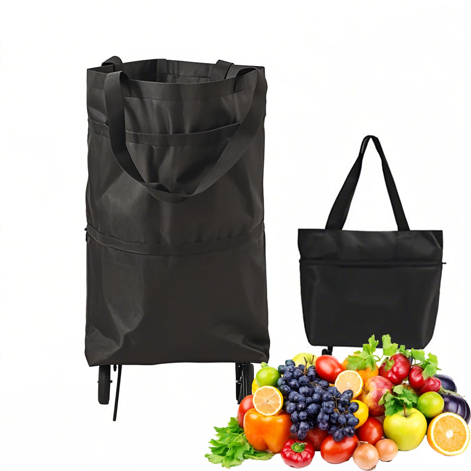 2-in-1 Collapsible Shopping Trolley with Wheels – Foldable Grocery Cart, Reusable Waterproof Oxford Bag for Supermarket, Picnic & Travel (Black) - Image 1