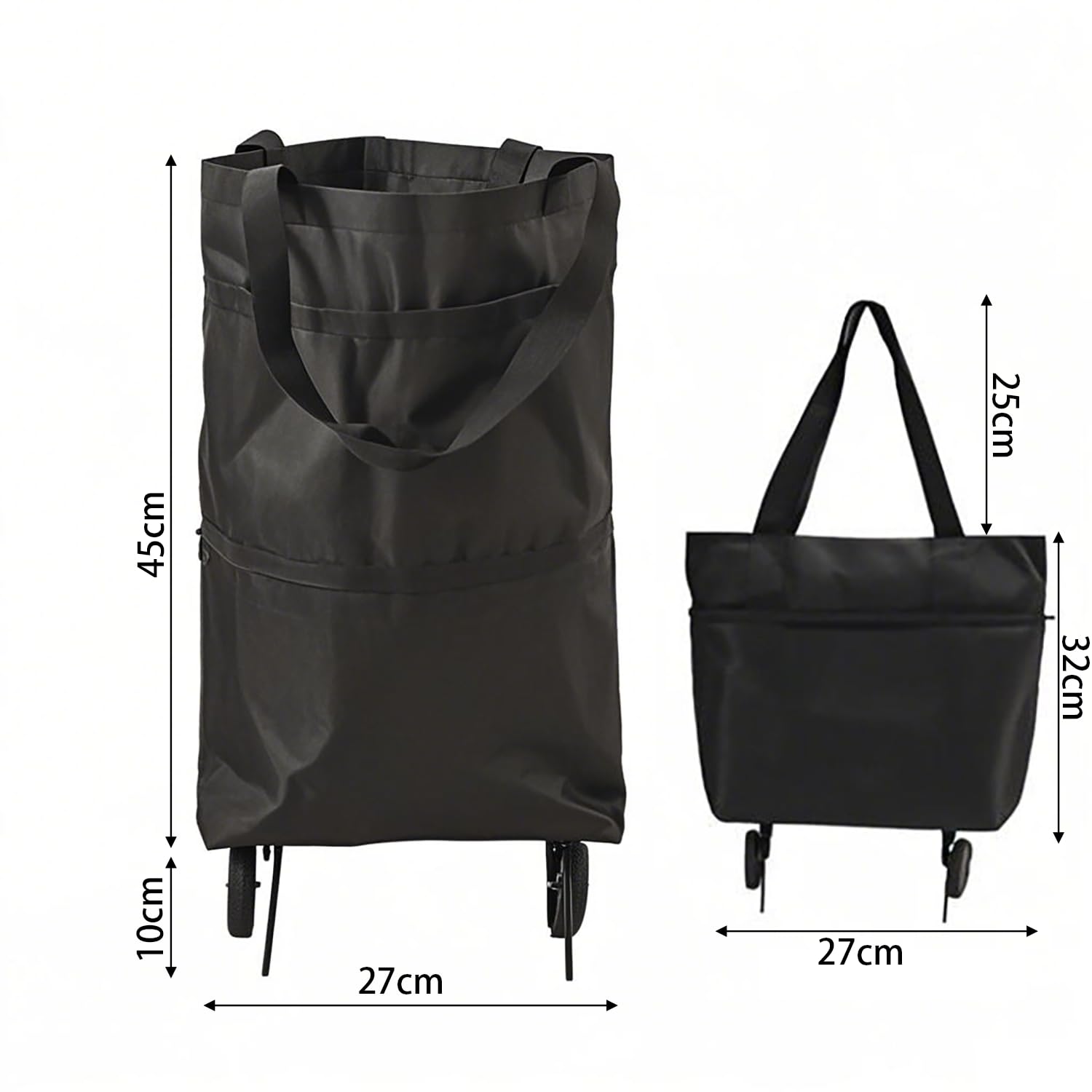 2-in-1 Collapsible Shopping Trolley with Wheels – Foldable Grocery Cart, Reusable Waterproof Oxford Bag for Supermarket, Picnic & Travel (Black) - Image 3