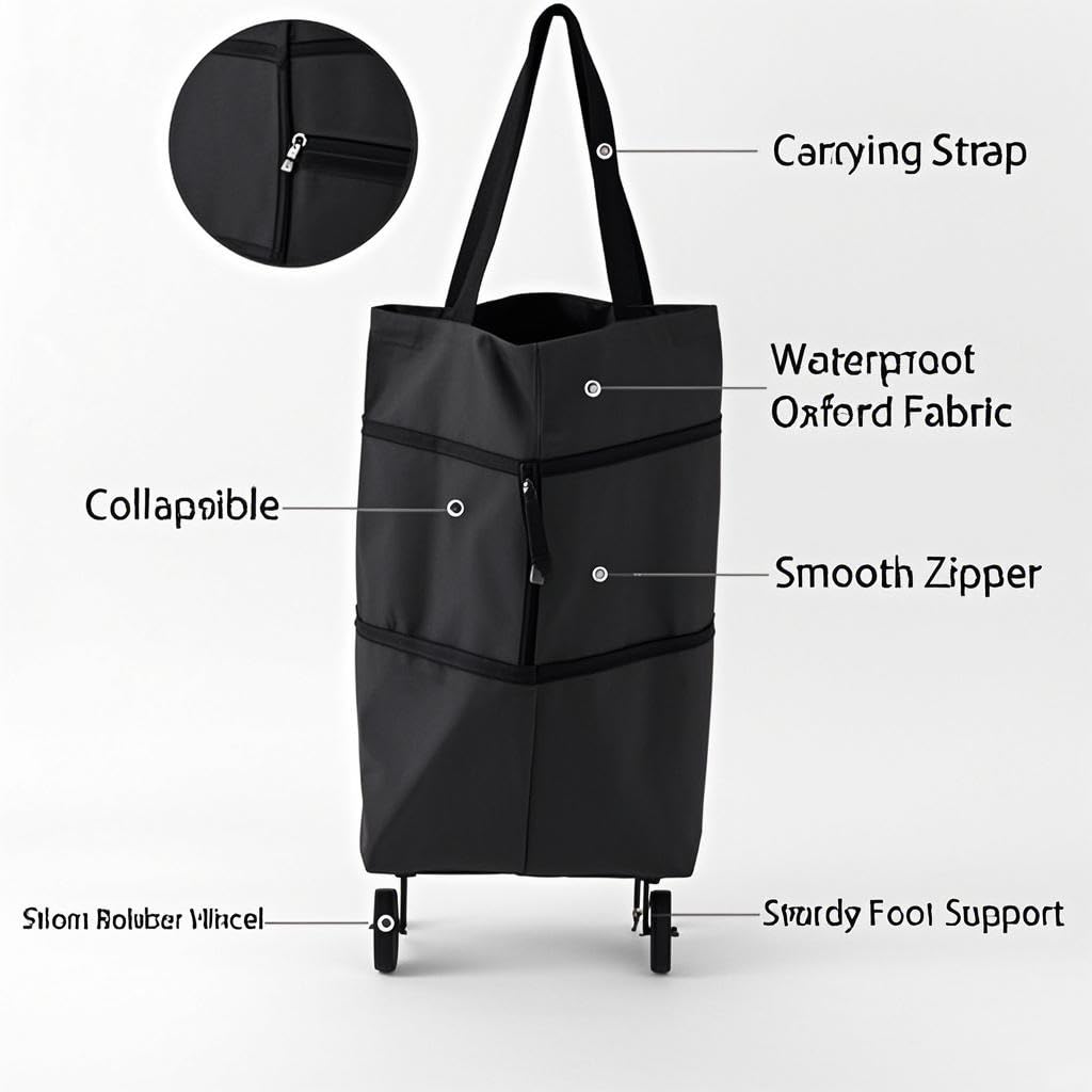2-in-1 Collapsible Shopping Trolley with Wheels – Foldable Grocery Cart, Reusable Waterproof Oxford Bag for Supermarket, Picnic & Travel (Black) - Image 4