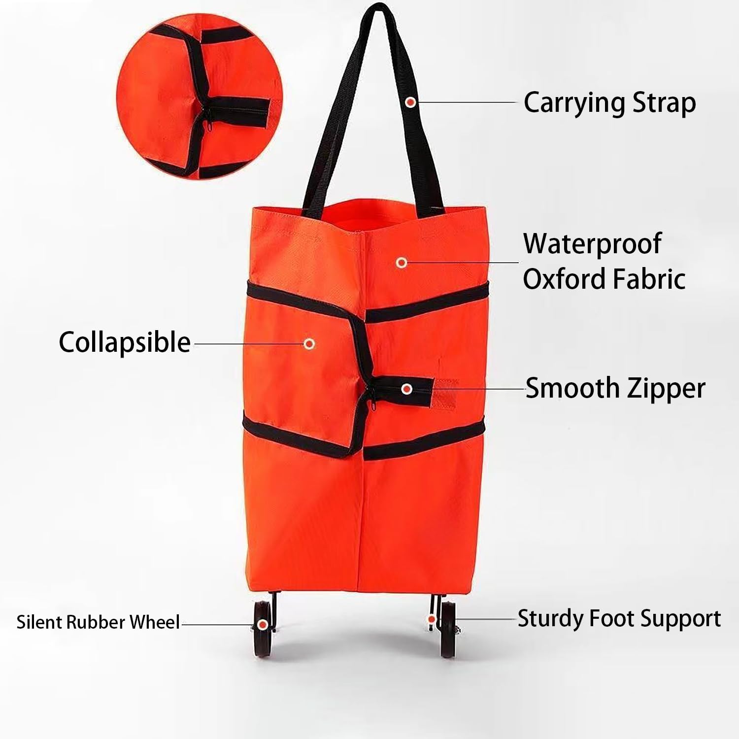 2-in-1 Collapsible Shopping Trolley with Wheels – Foldable Grocery Cart, Reusable Waterproof Oxford Bag for Supermarket, Picnic & Travel (Red) - Image 3