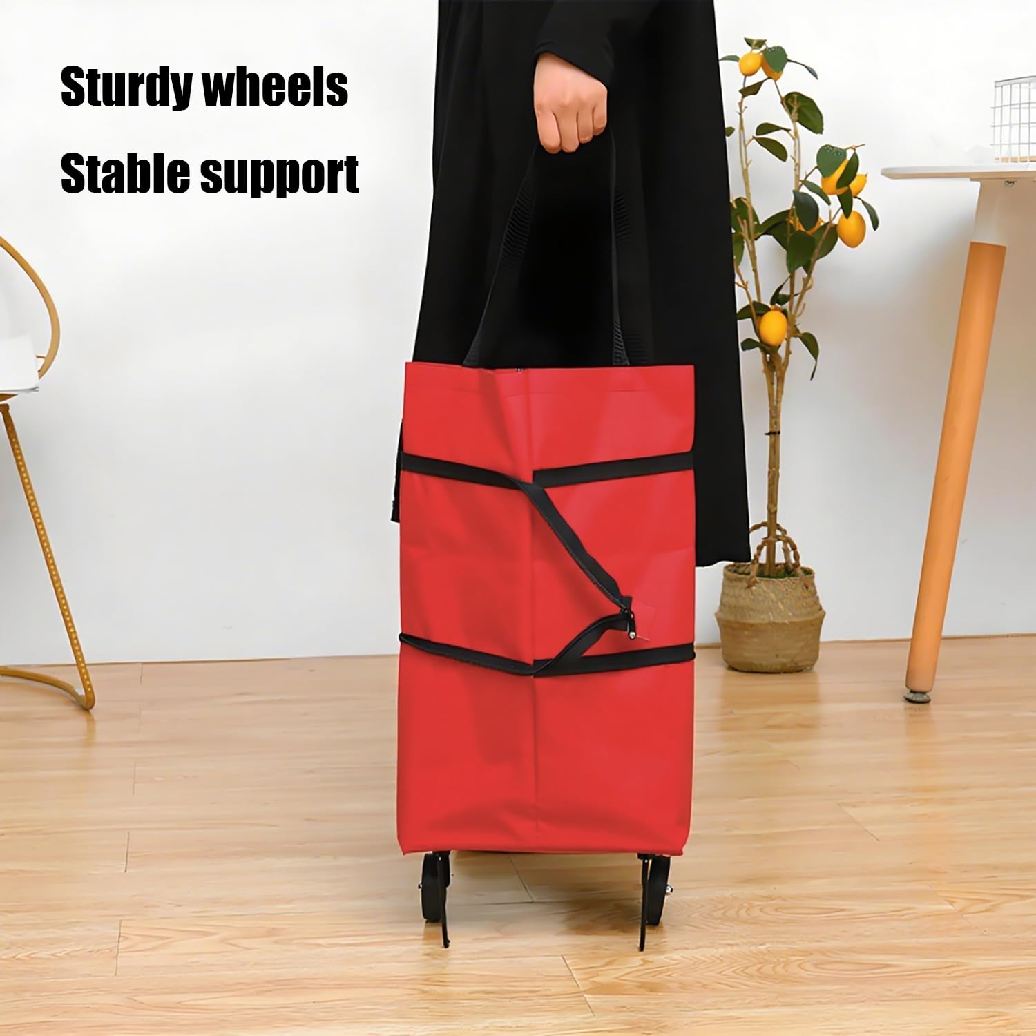 2-in-1 Collapsible Shopping Trolley with Wheels – Foldable Grocery Cart, Reusable Waterproof Oxford Bag for Supermarket, Picnic & Travel (Red) - Image 5