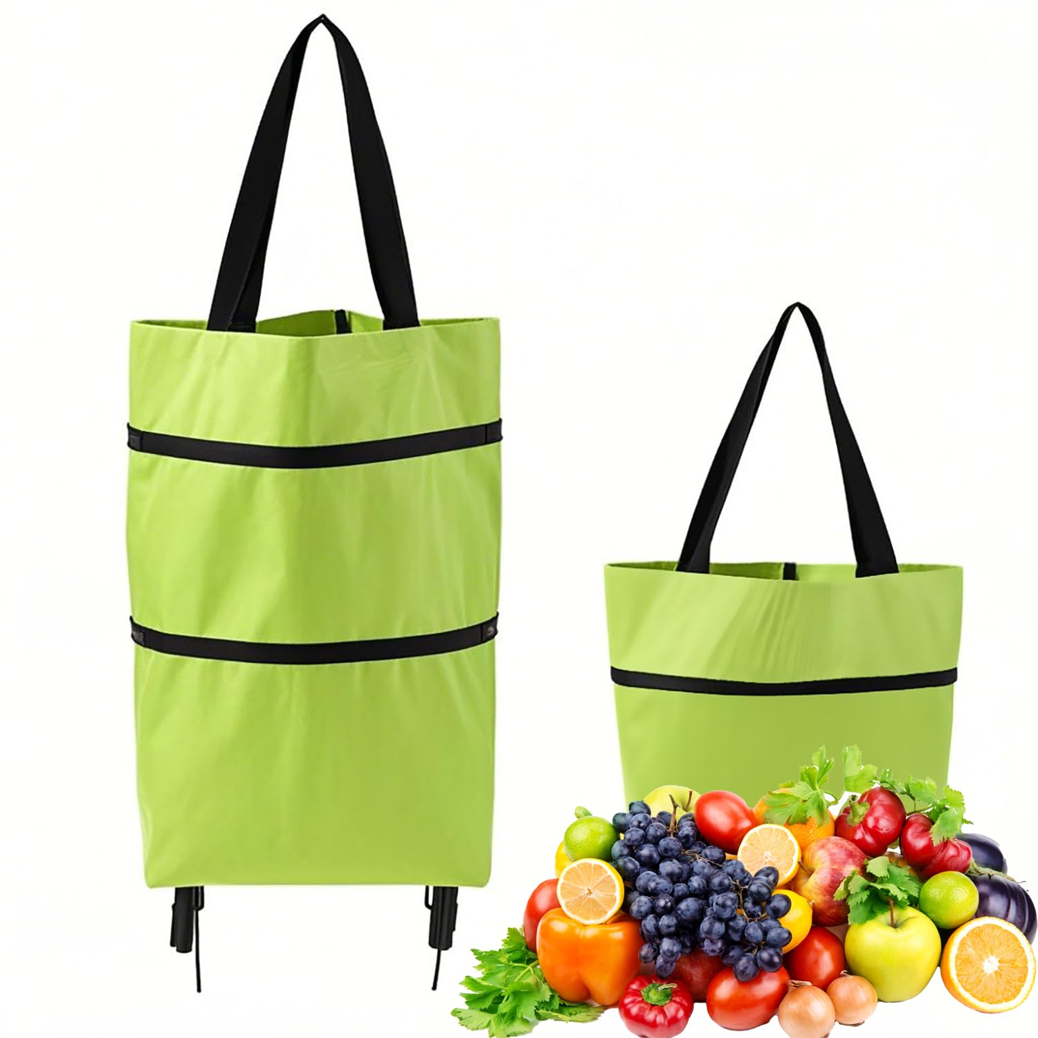 2-in-1 Collapsible Shopping Trolley with Wheels – Foldable Grocery Cart, Reusable Waterproof Oxford Bag for Supermarket, Picnic & Travel (Green) - Image 1