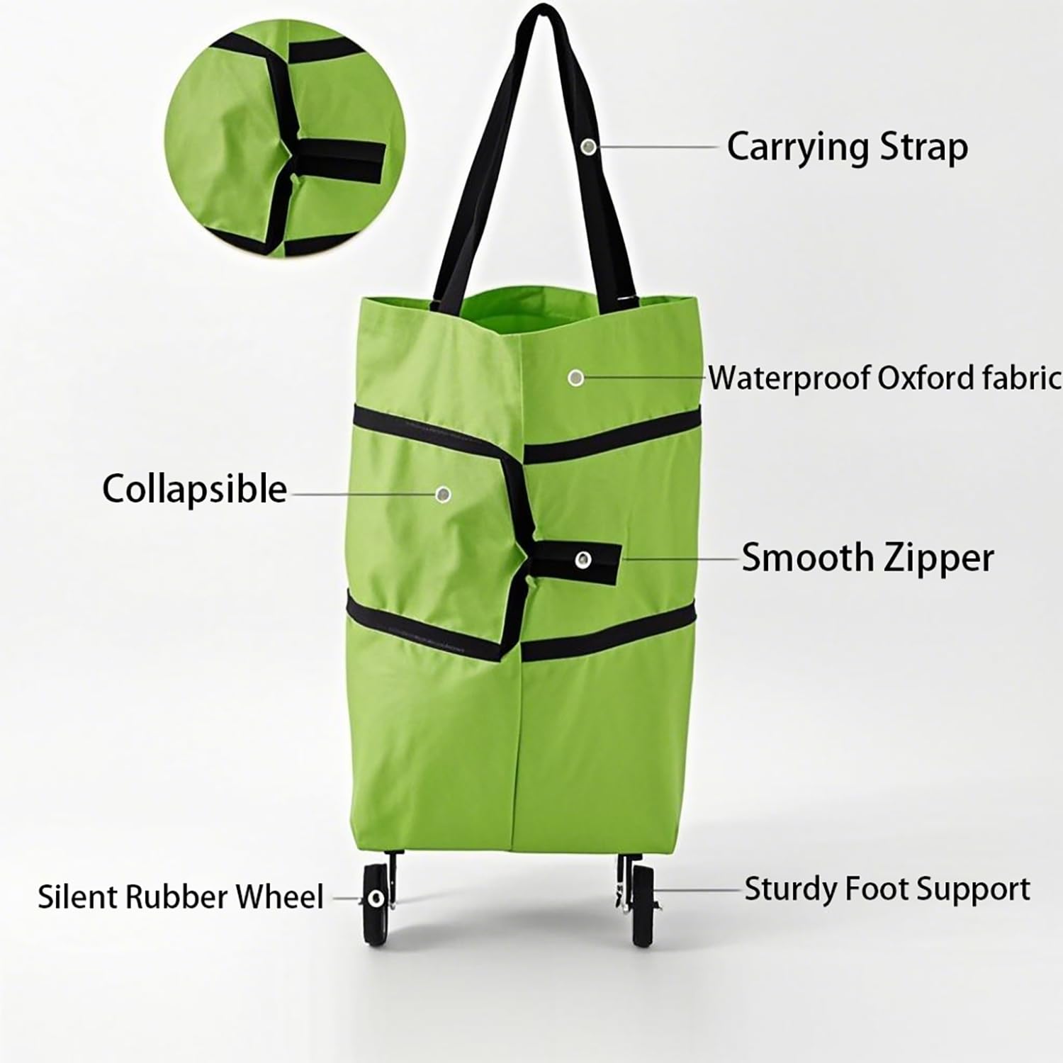 2-in-1 Collapsible Shopping Trolley with Wheels – Foldable Grocery Cart, Reusable Waterproof Oxford Bag for Supermarket, Picnic & Travel (Green) - Image 3