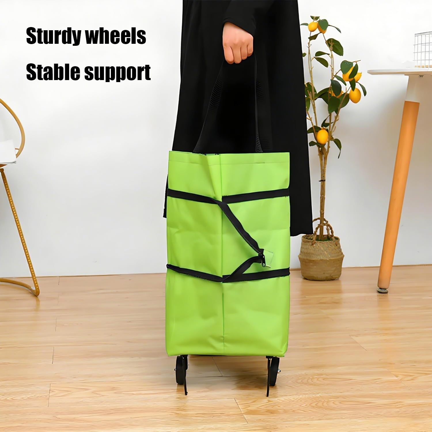 2-in-1 Collapsible Shopping Trolley with Wheels – Foldable Grocery Cart, Reusable Waterproof Oxford Bag for Supermarket, Picnic & Travel (Green) - Image 5